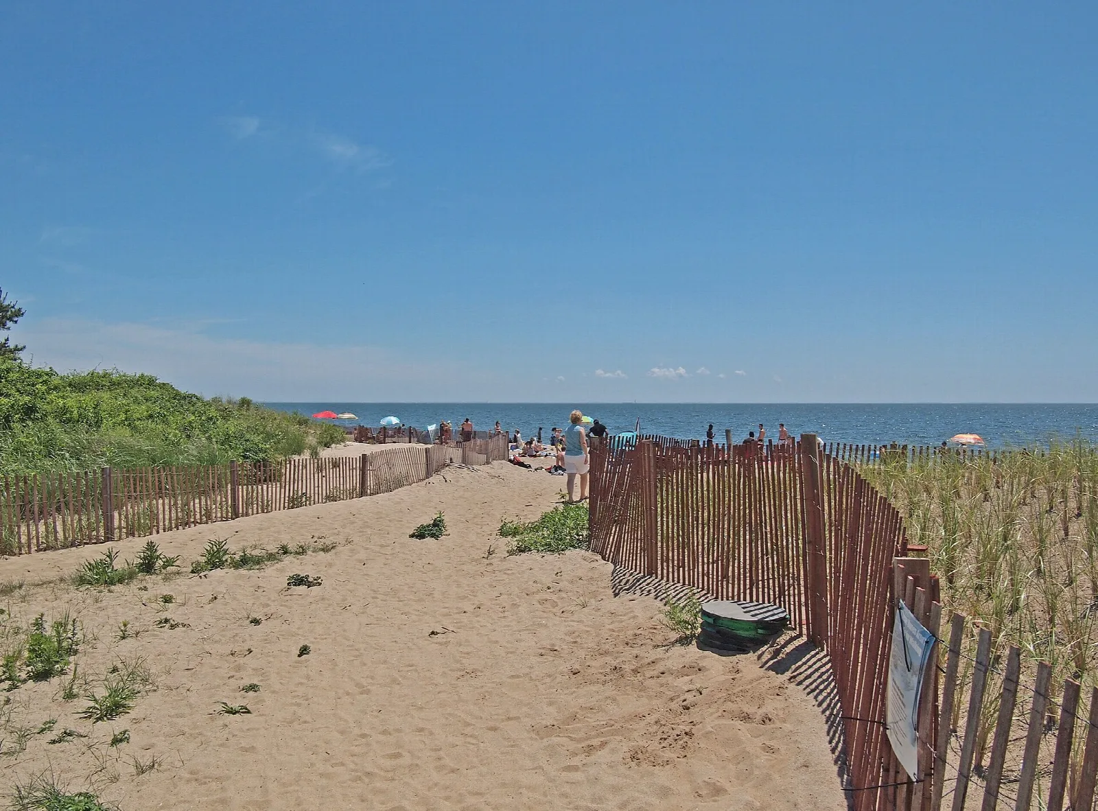 Sandy path through dunes and beach fencing toward the water