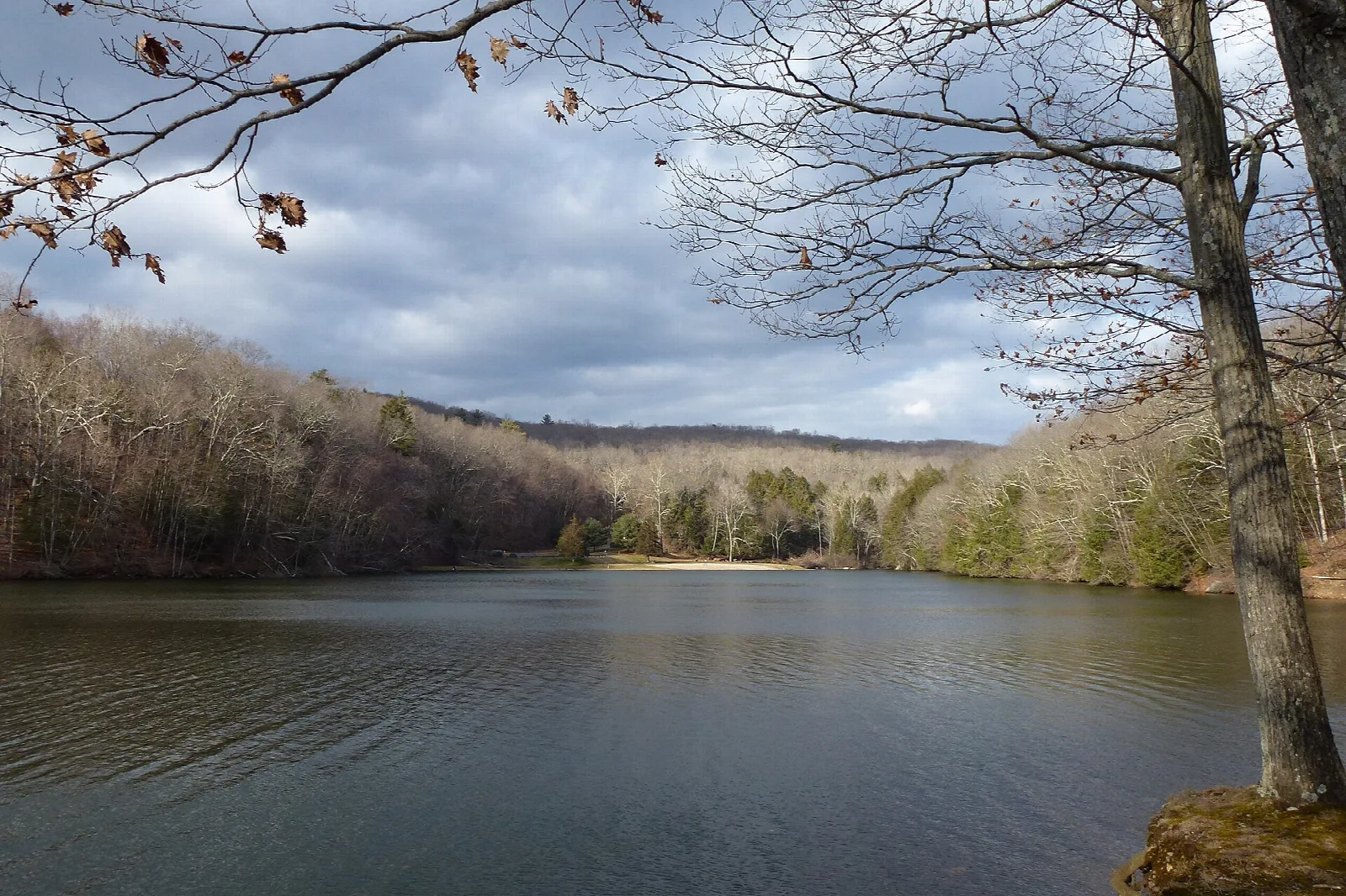 Calm lake bordered by wooded hills under cloudy sky