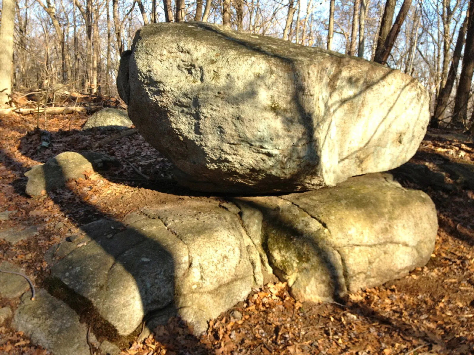 Large boulder resting on stones in the woods