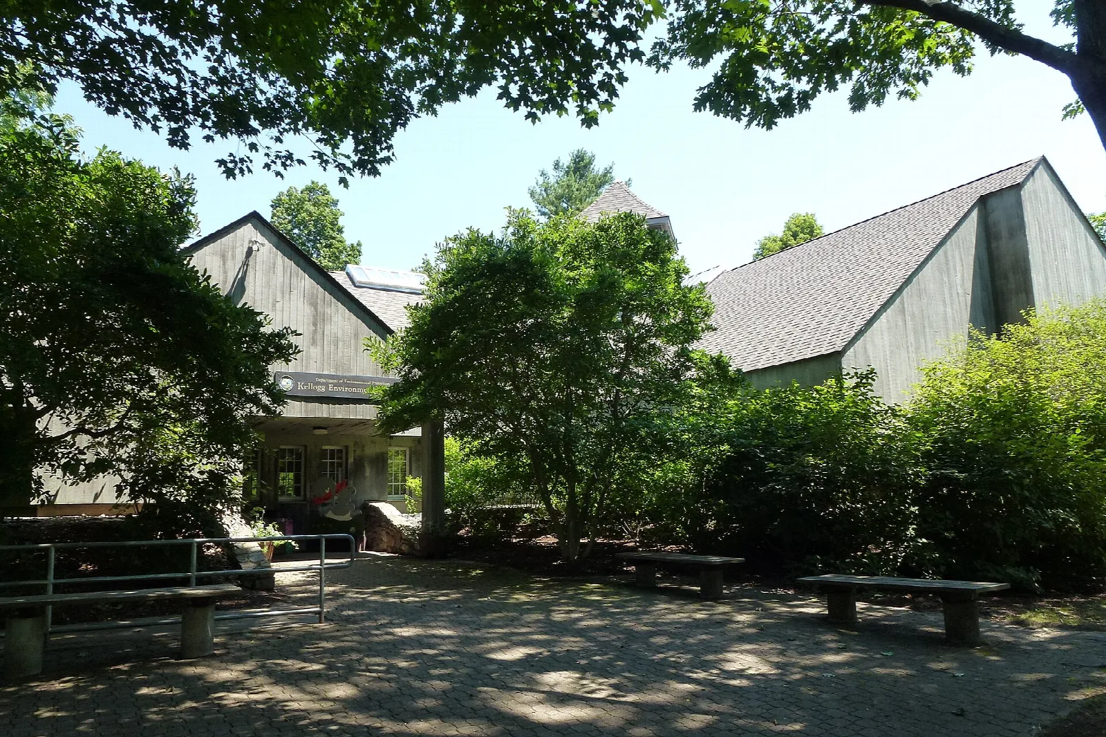 Shingled buildings among trees around a courtyard