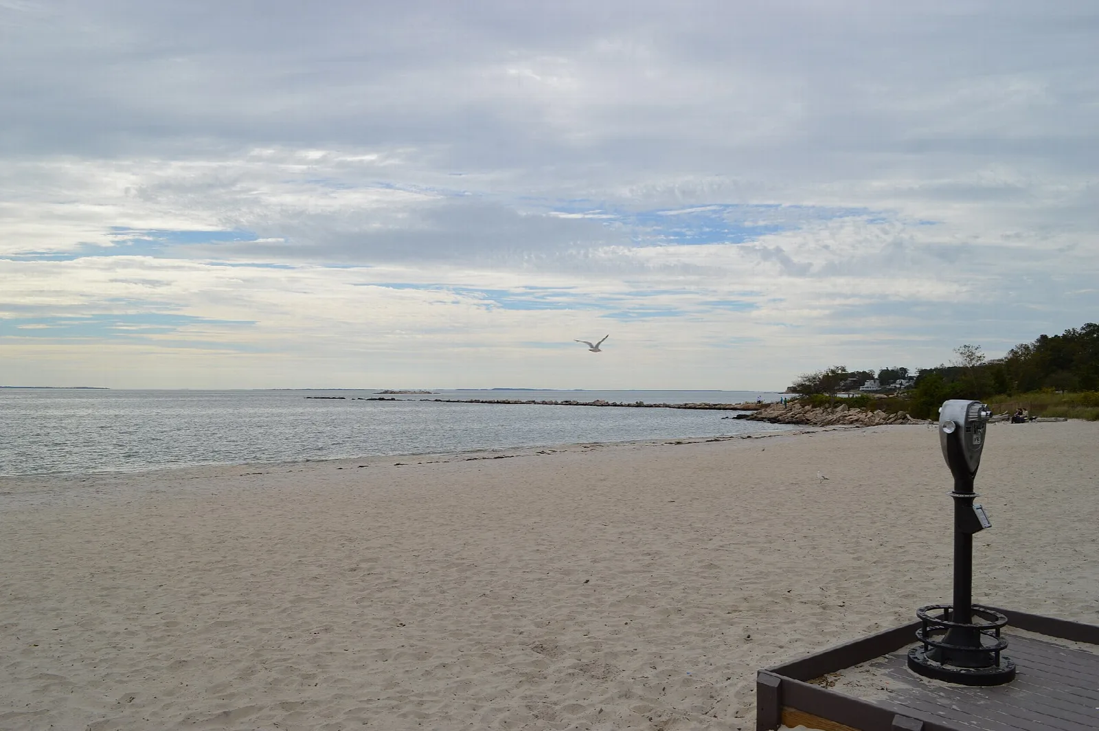 Sandy beach with calm water and a coin binocular stand