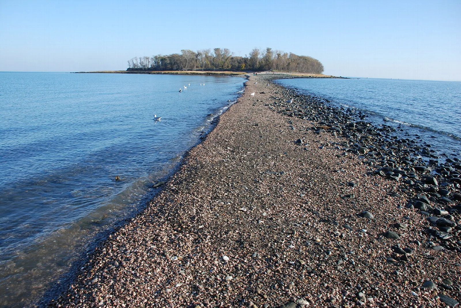 Narrow gravel bar stretching toward a wooded island