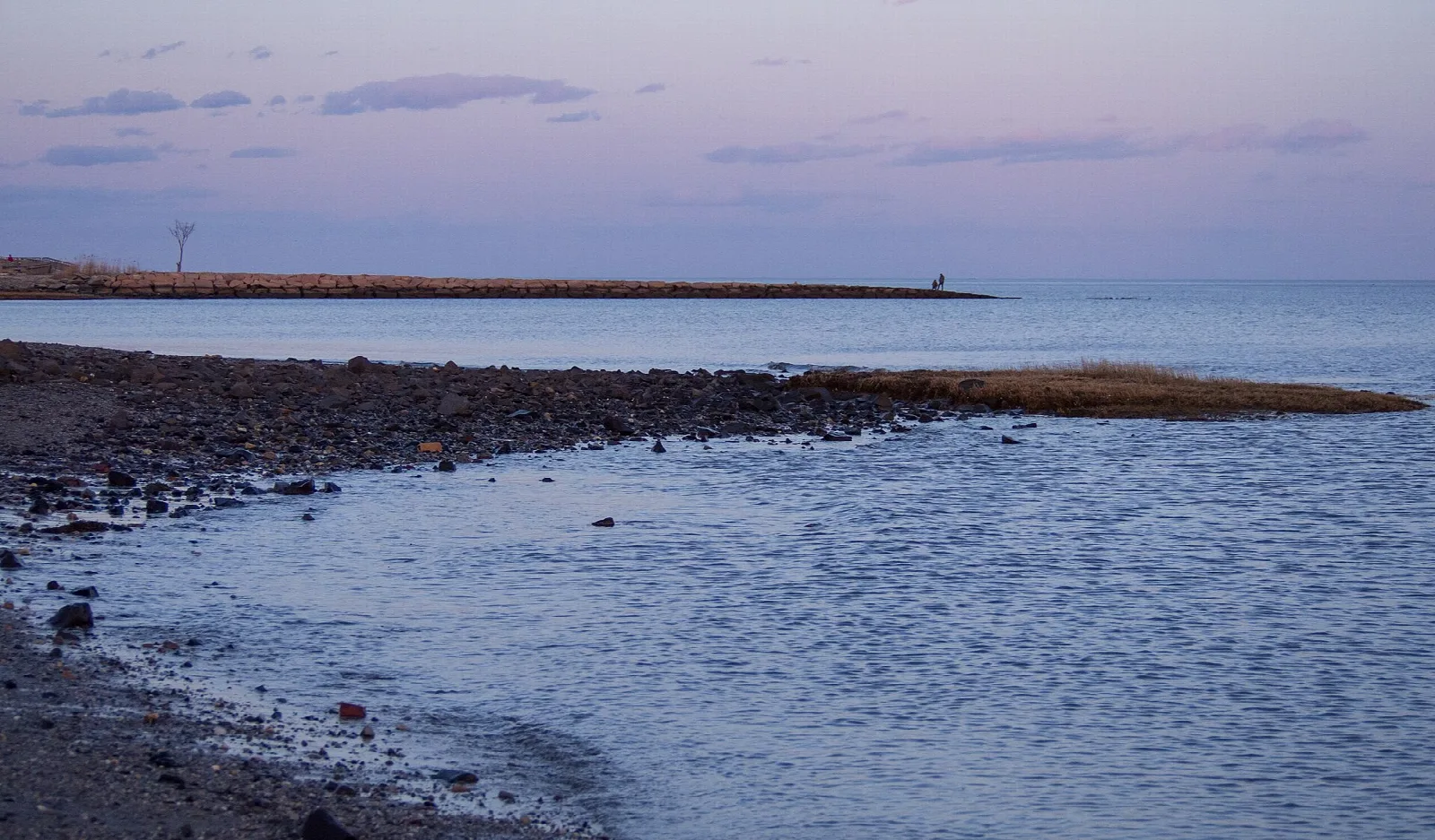 Tidal shore with a dark gravel bar under a pale purple sky