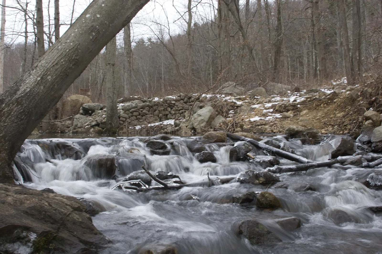 Small stream tumbling over rocks below a stone wall in winter woods