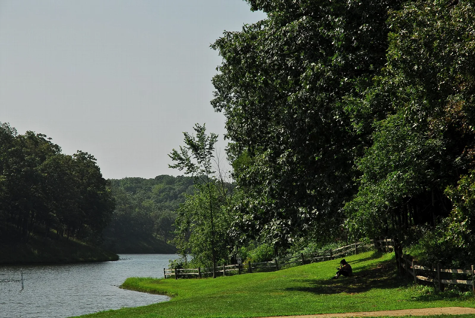 Quiet lake arm bordered by wooded hills and a grassy bank with a fence