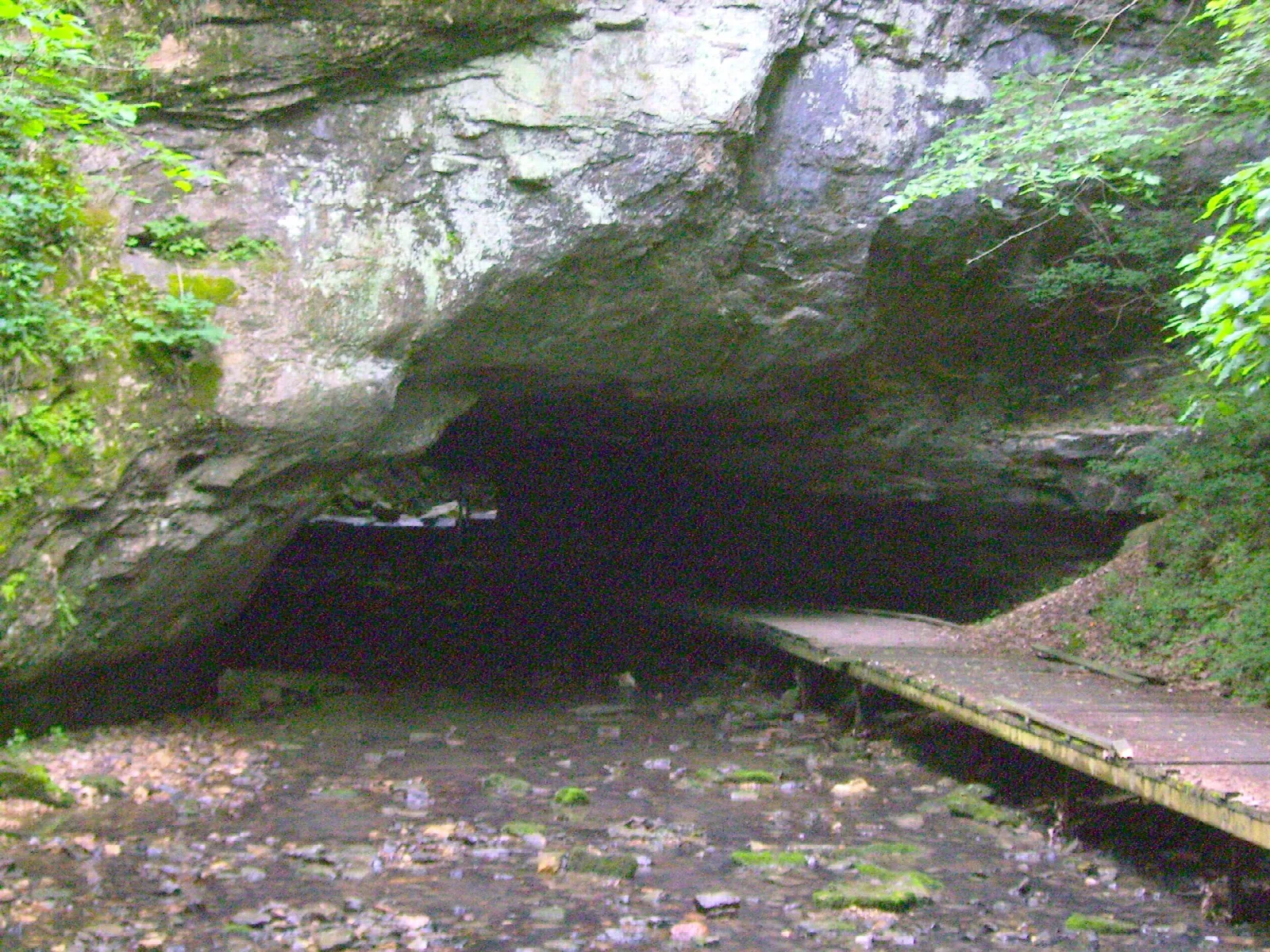 Cave opening in a rock face with a wooden boardwalk leading in
