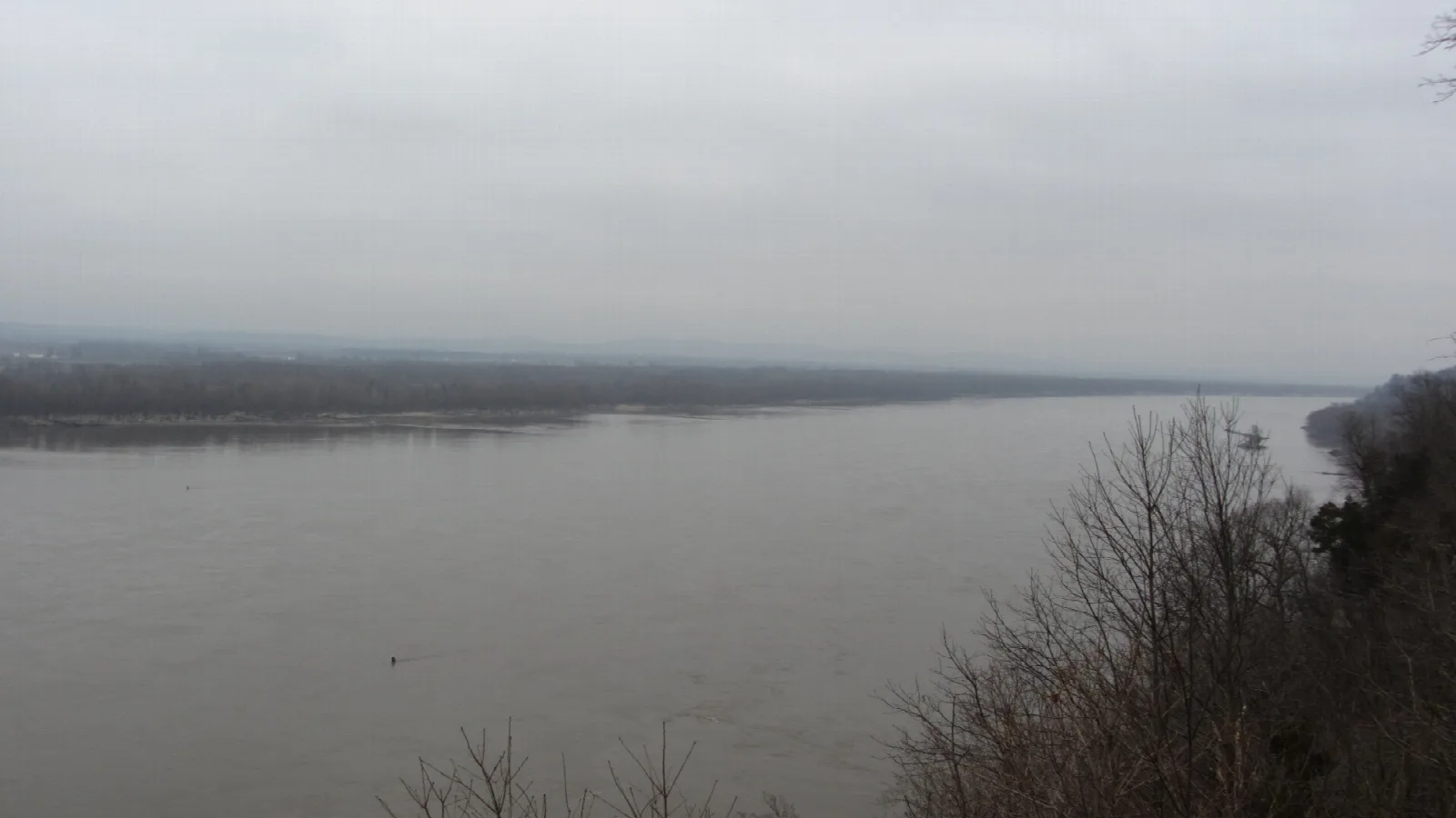 Wide brown river with a far shoreline under a gray sky