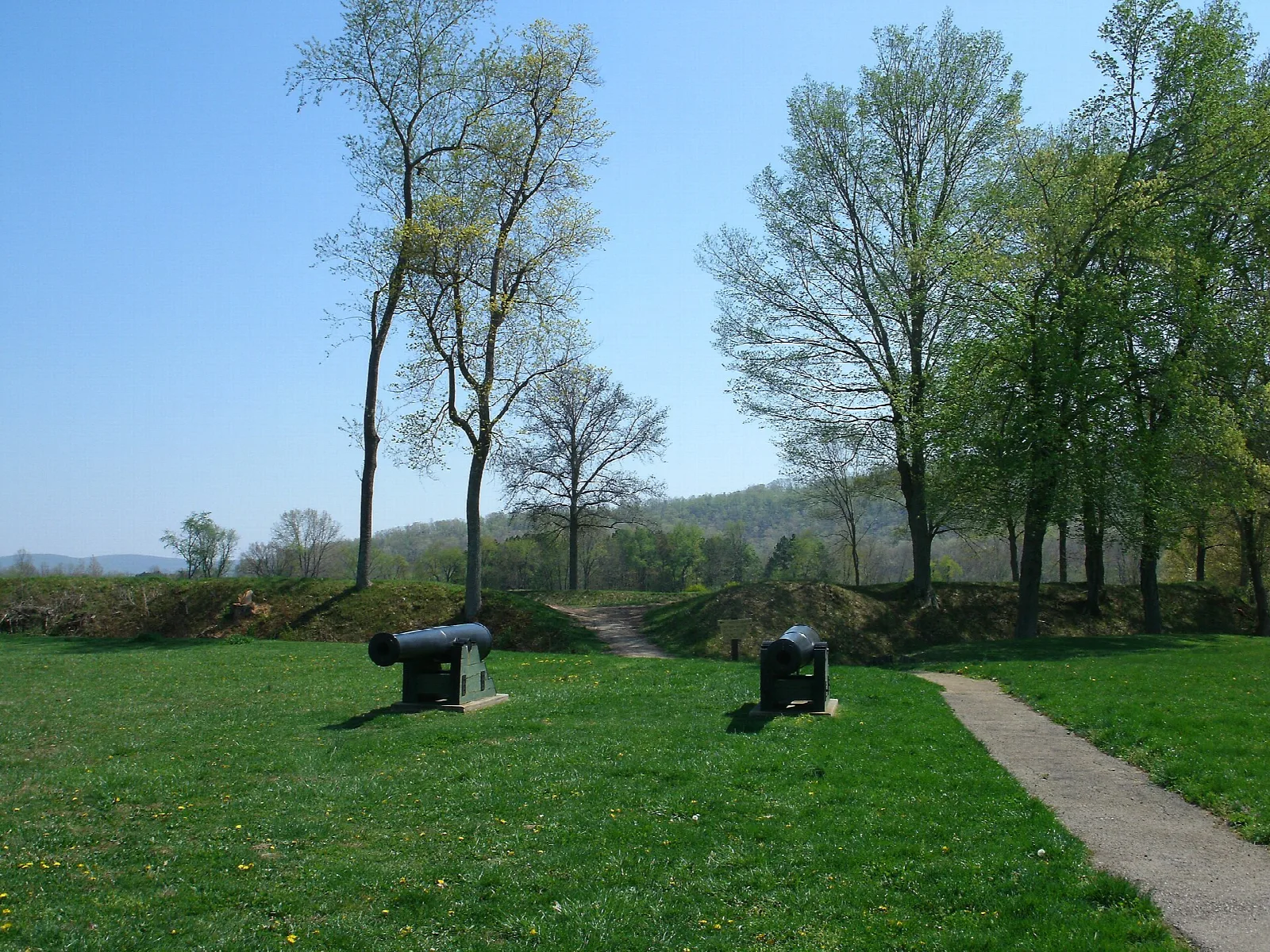 Two black cannons on a green earthwork with a mowed path and tall trees