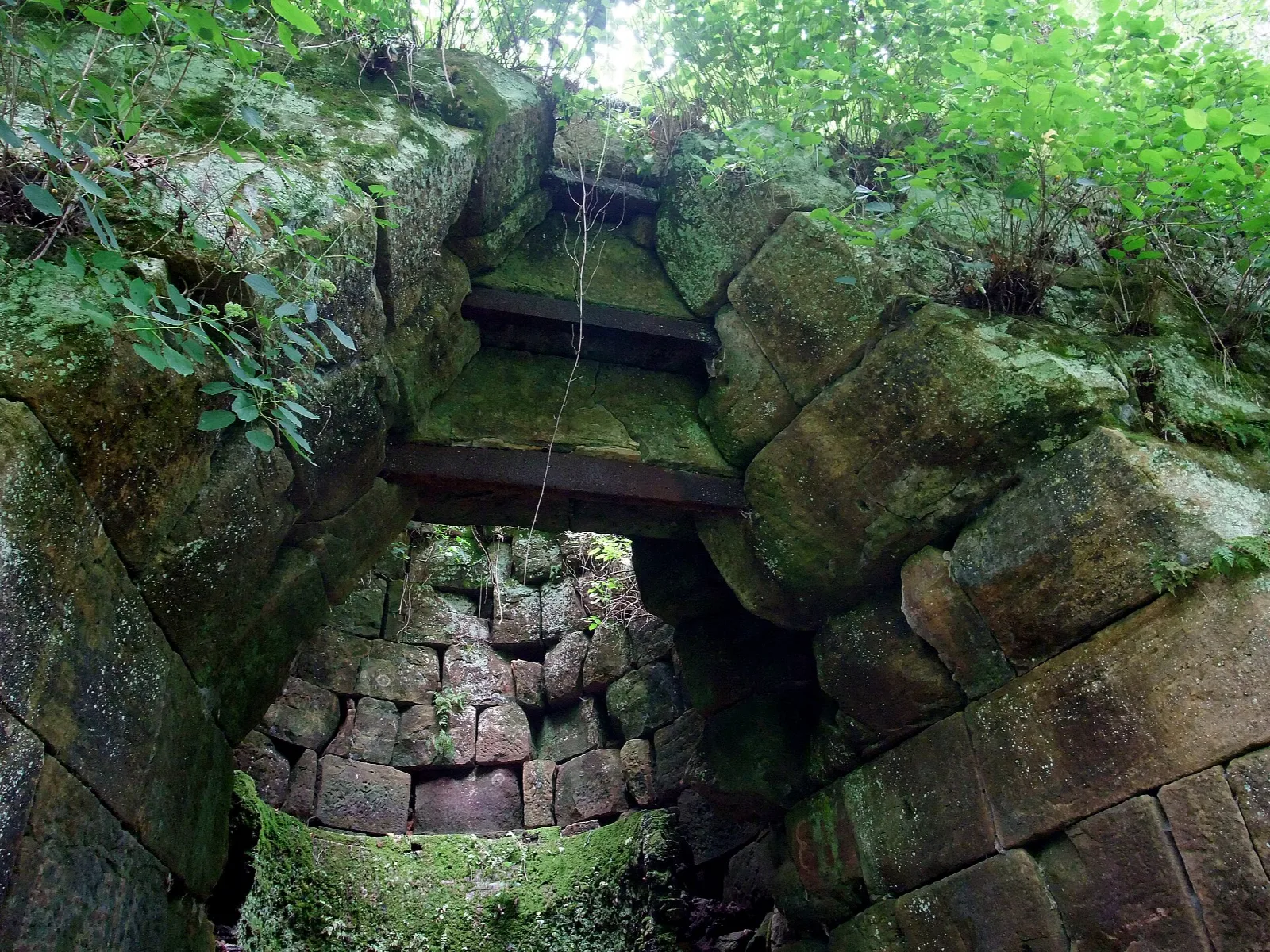 Mossy stone-lined shaft in a green wooded setting