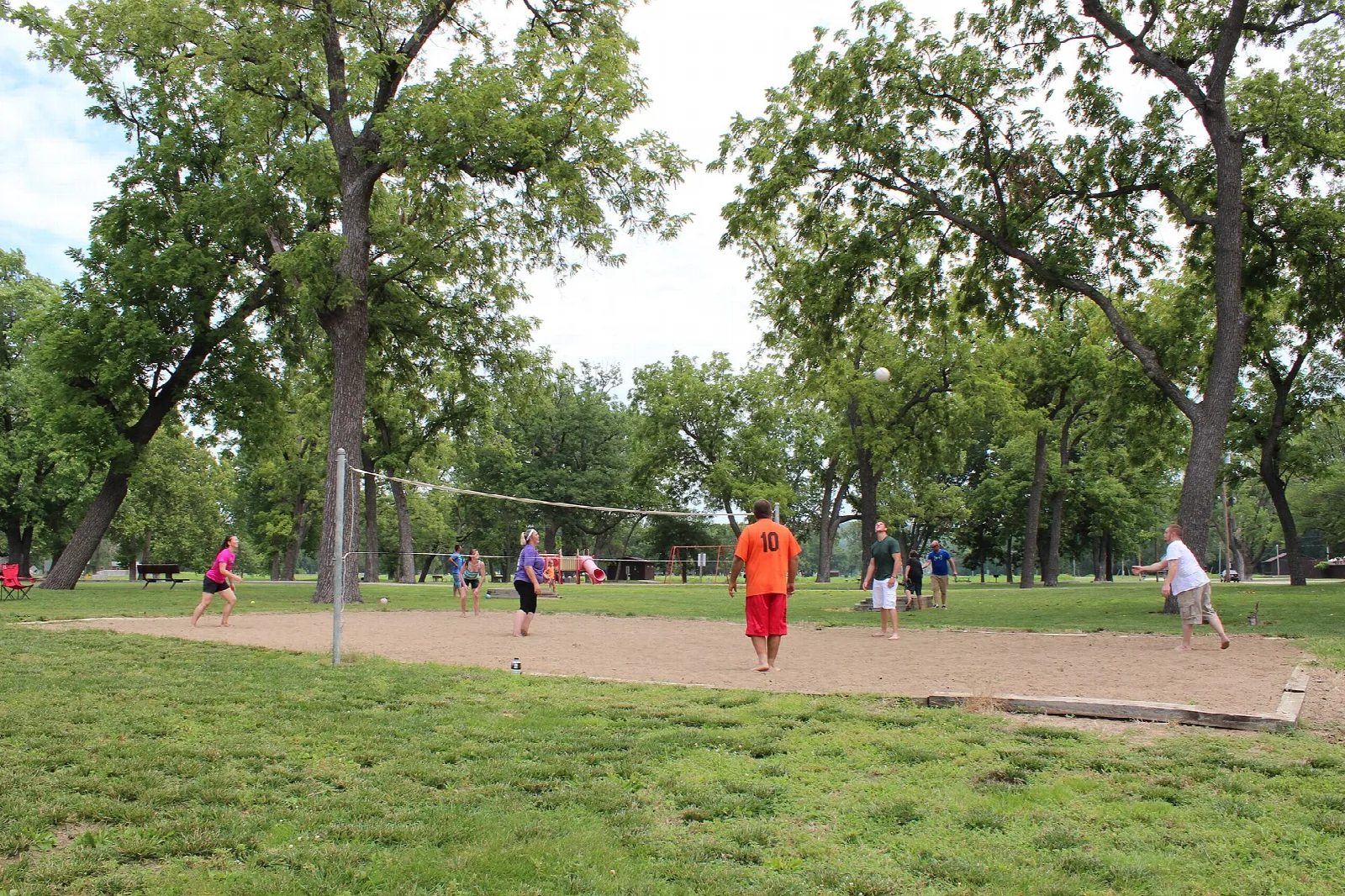 People playing volleyball on a sand court under large shade trees