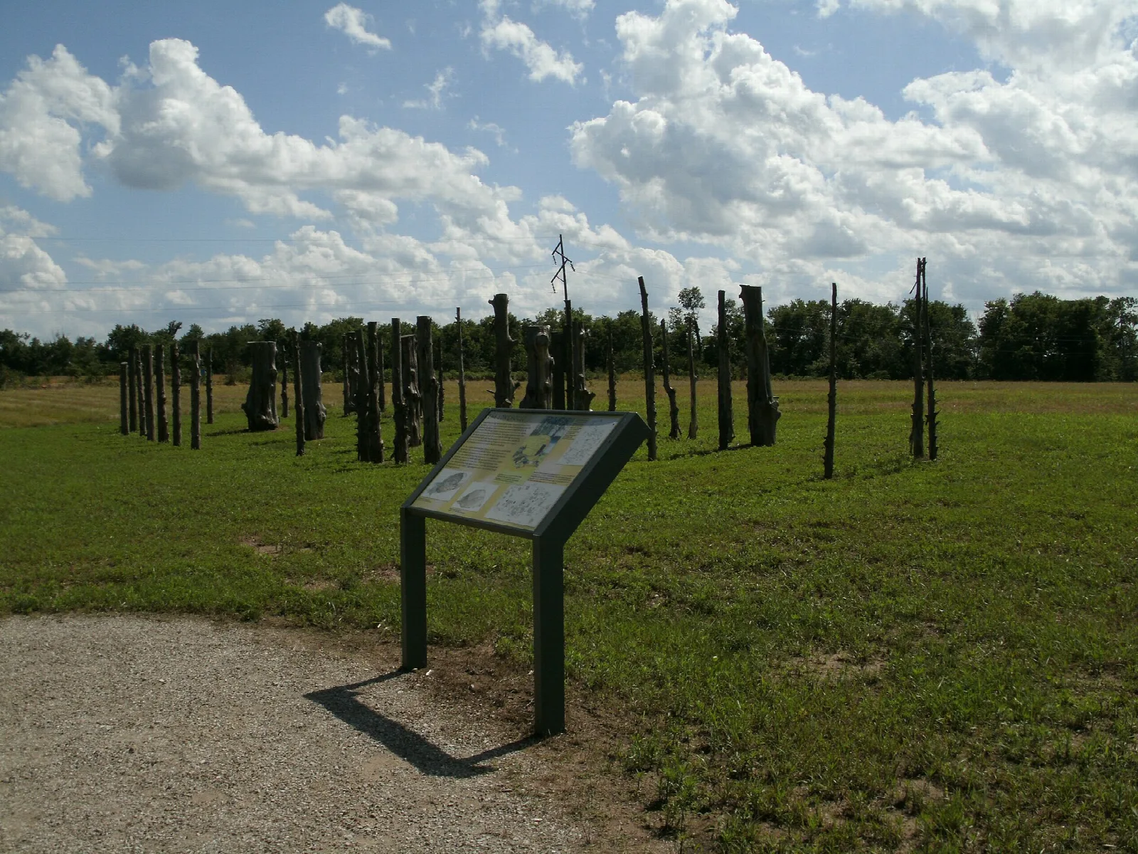 Wooden posts in a grass field with an interpretive sign at left