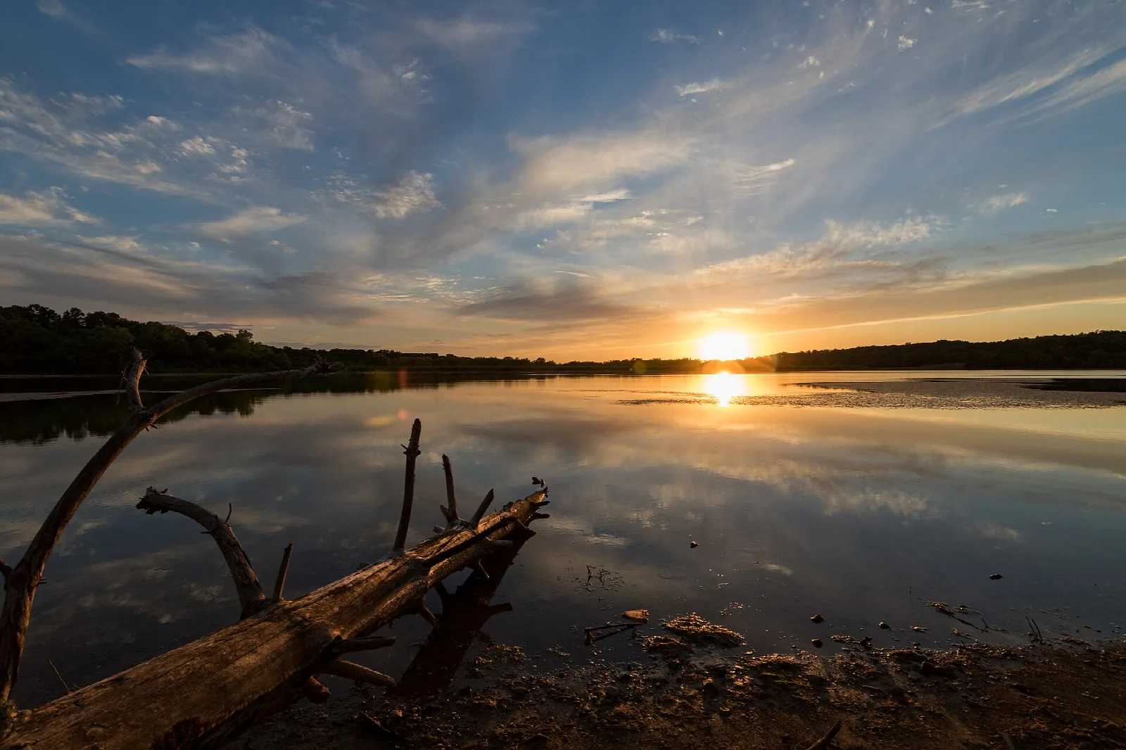 Sun setting over a still lake with a fallen log in the foreground