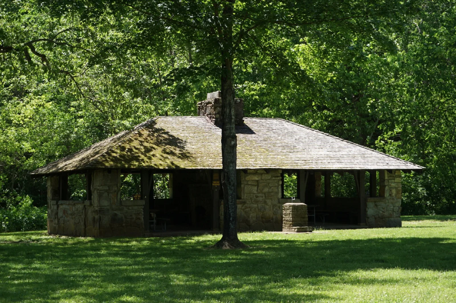 Stone and timber open shelter with a mossy roof under a large tree