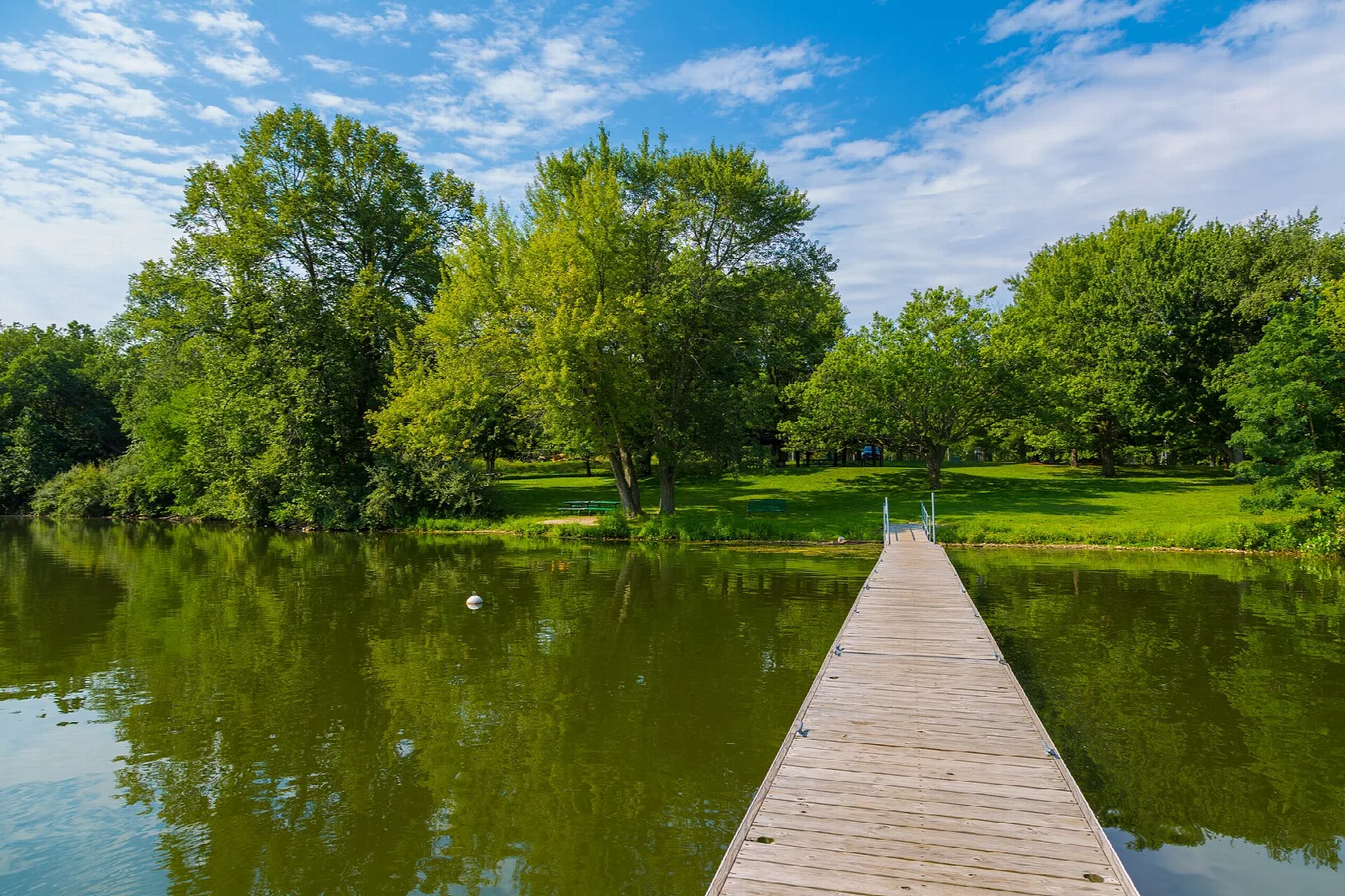 Wooden dock extending over calm green lake water toward a grassy shore with trees