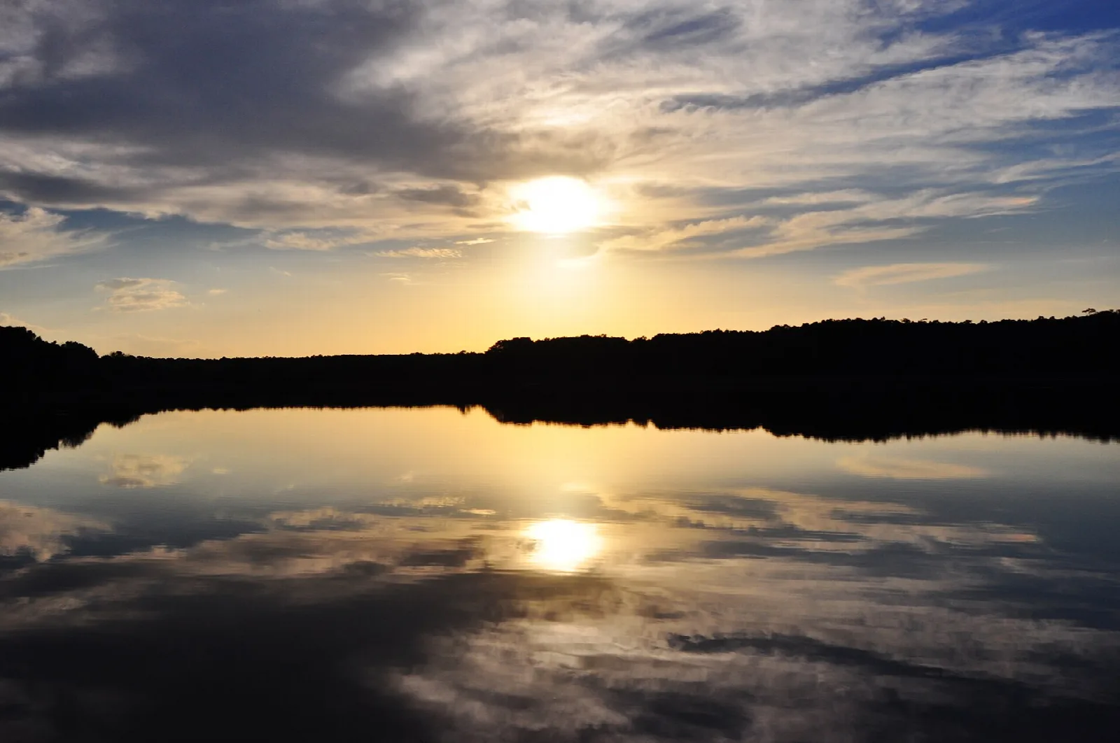 Sun low over a tree line, reflected in still water