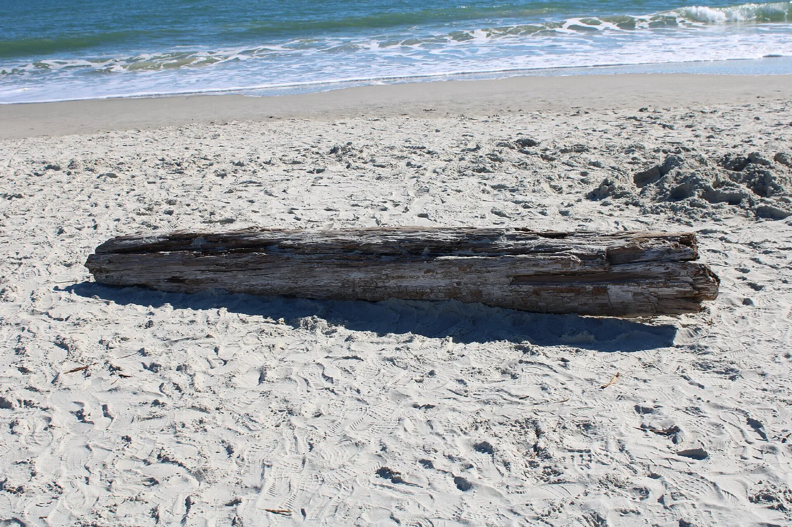 A weathered driftwood log on white sand near the surf