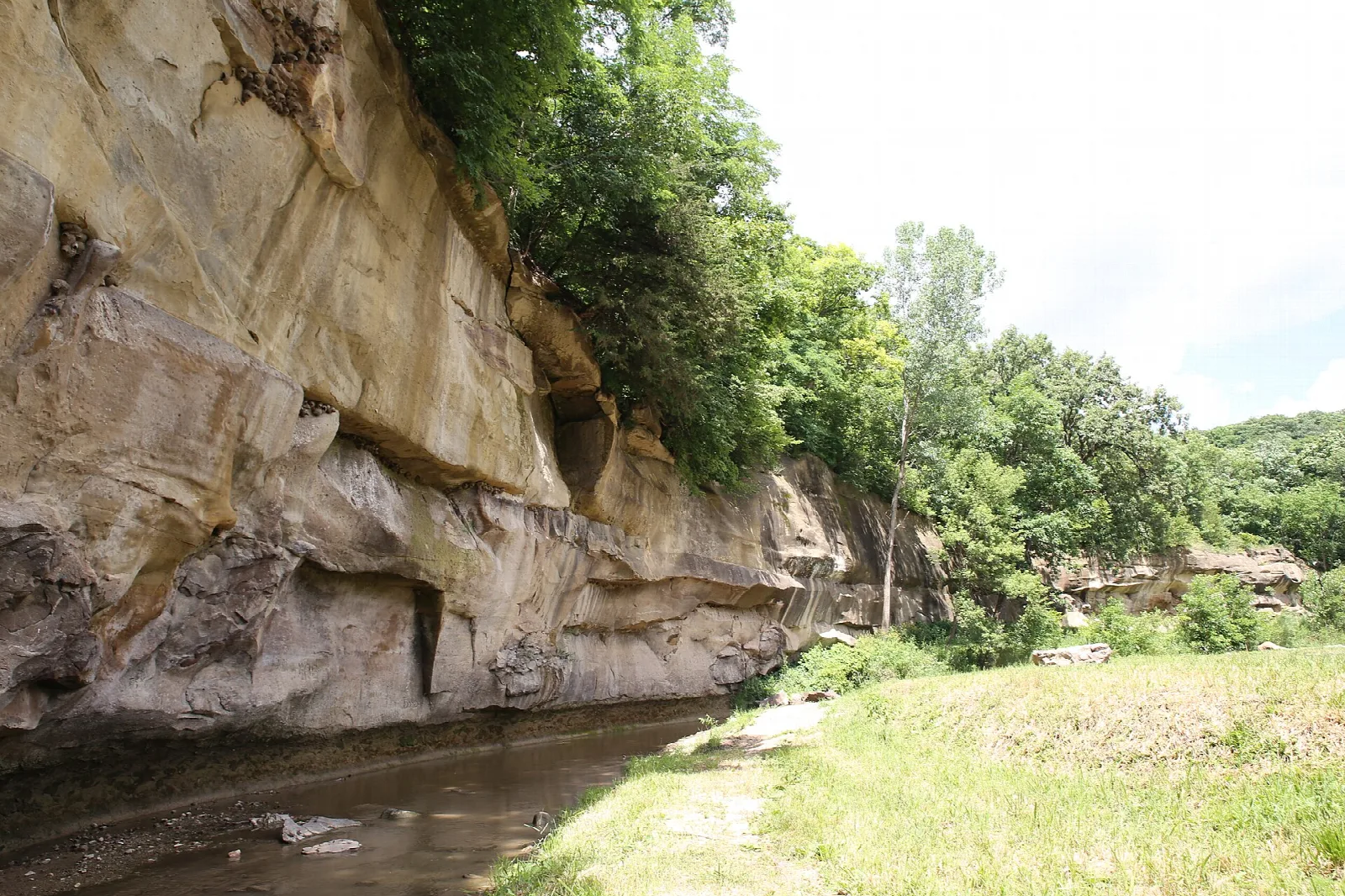Tall tan sandstone cliff above a creek with a grassy bank