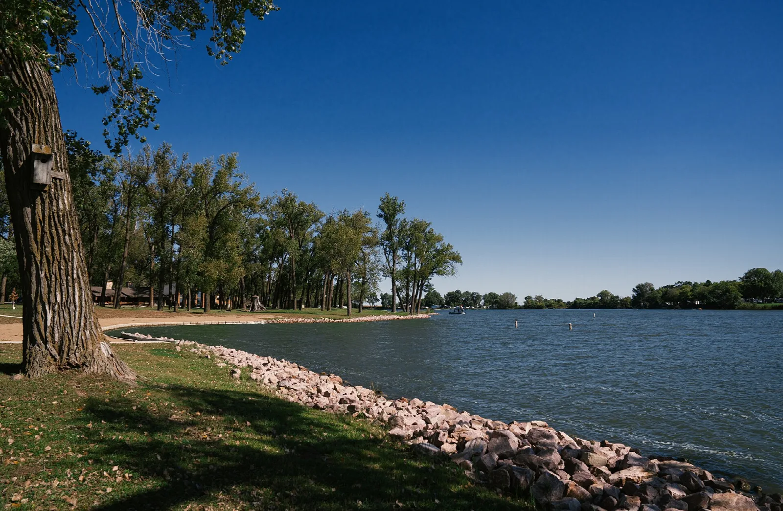 Blue Lake shoreline lined with rocks, with a grassy bank and trees under a blue sky