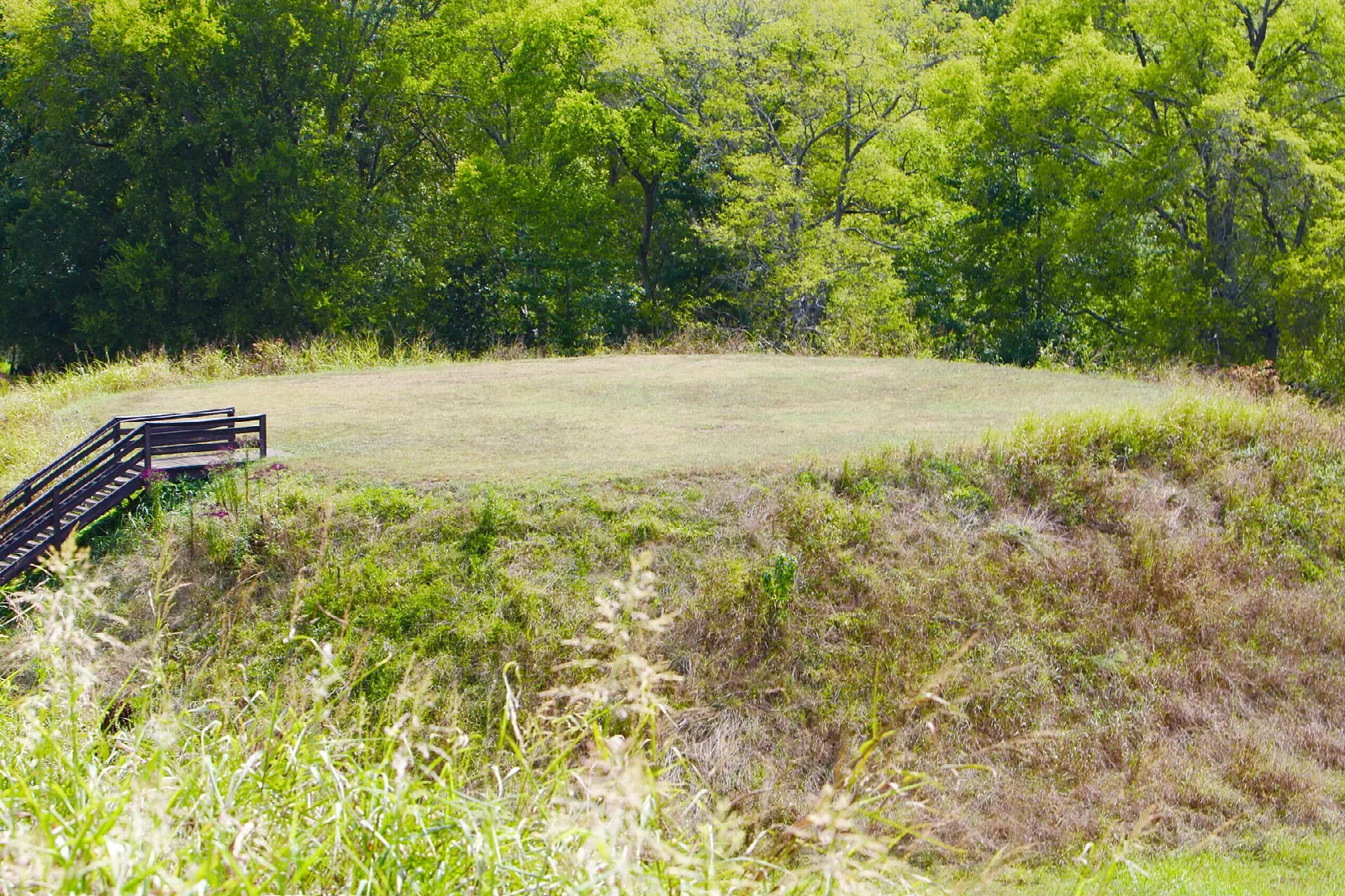 Steep grassy mound face with a wooden staircase at the left