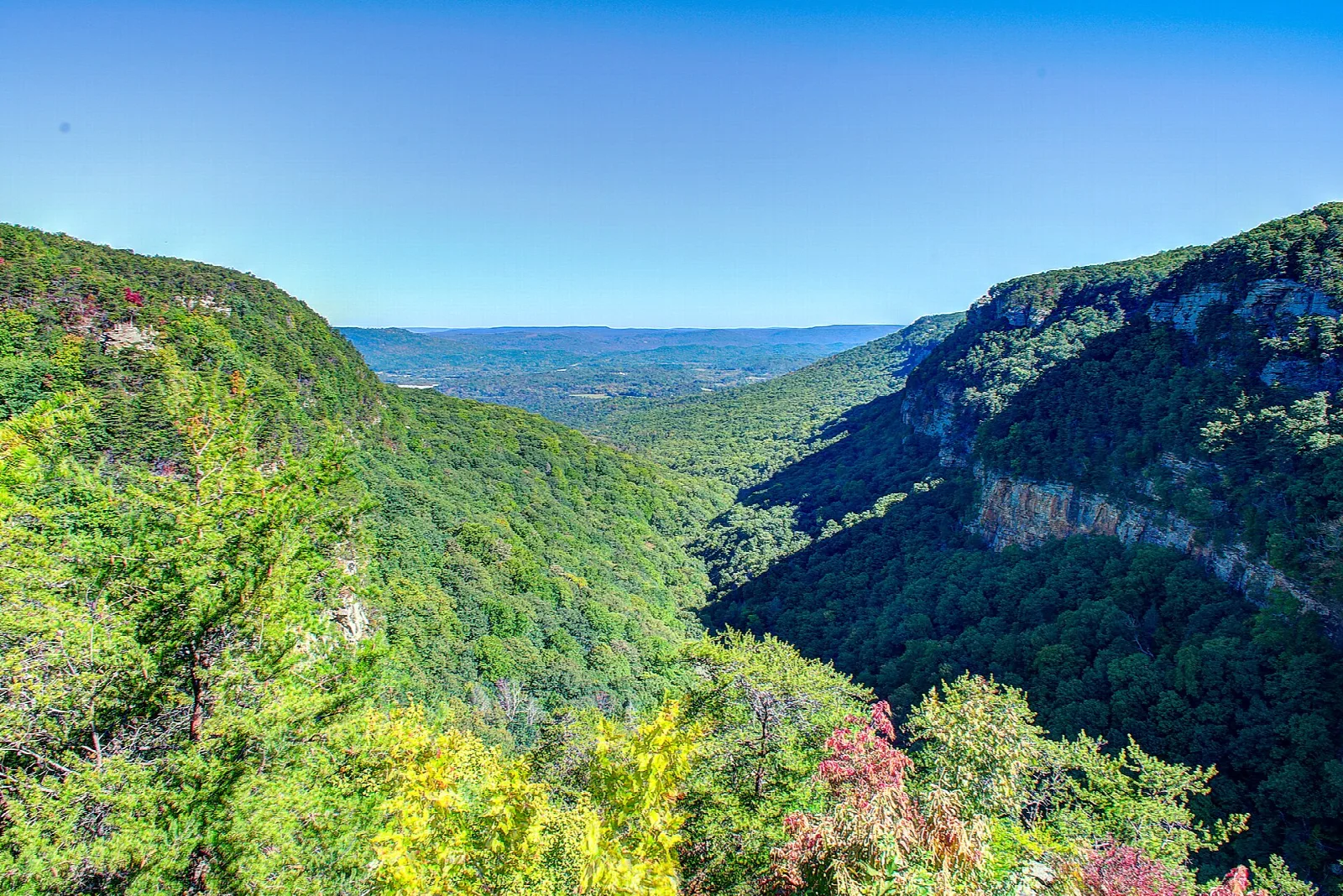 Green forested canyon with a sandstone cliff band on the right and hazy hills beyond
