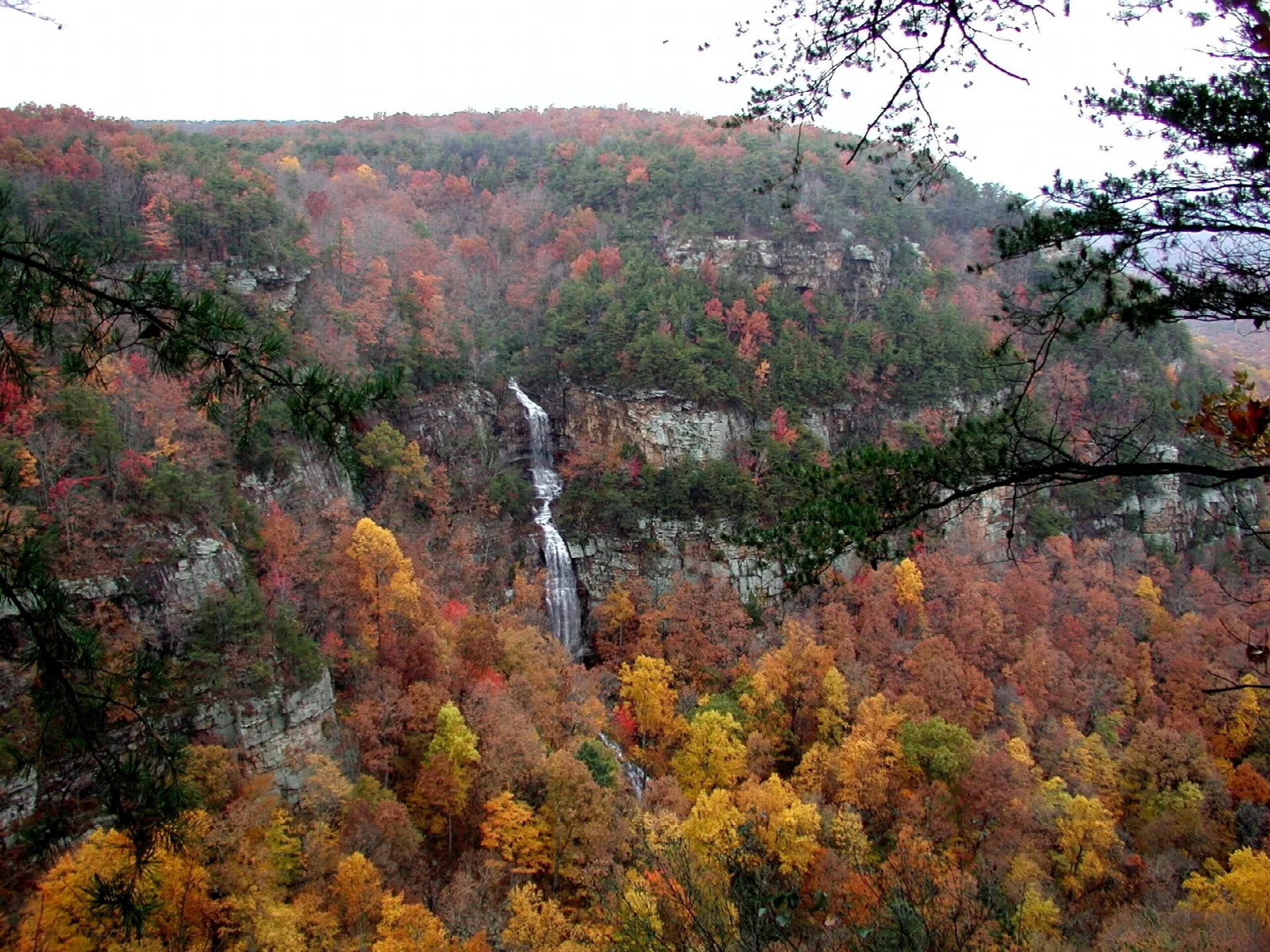 Waterfall dropping into a canyon filled with orange and red fall trees