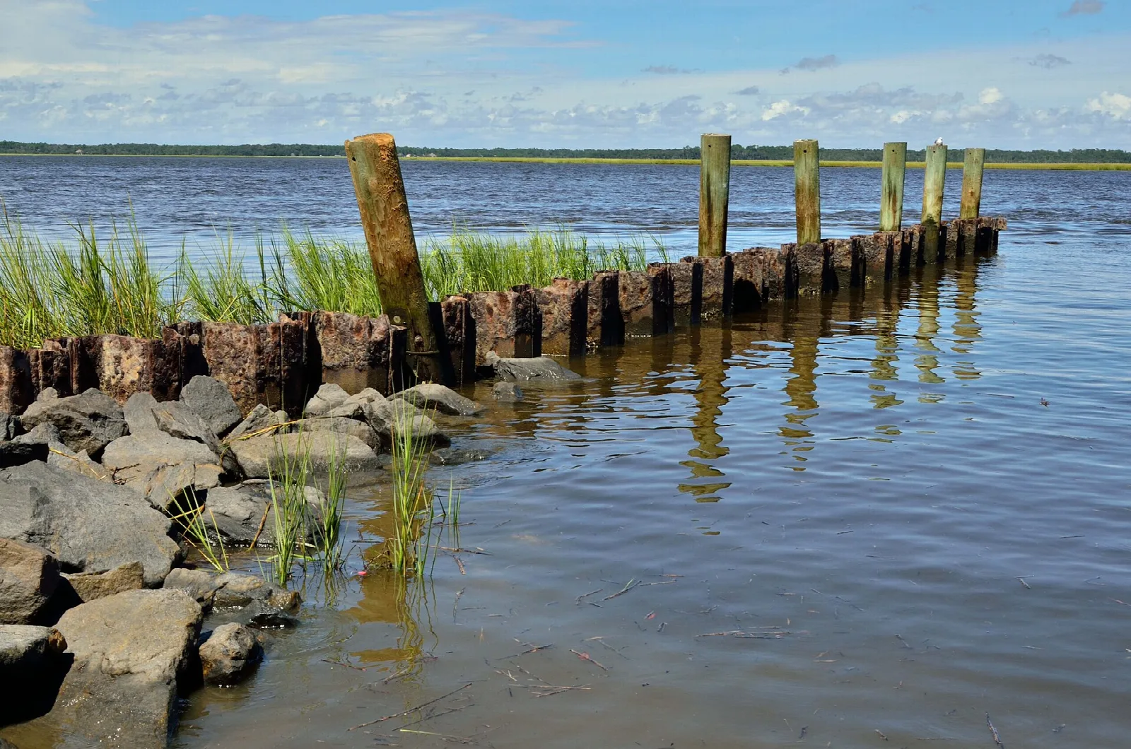 Old wooden pilings and rocks along a calm tidal river shoreline under a blue sky