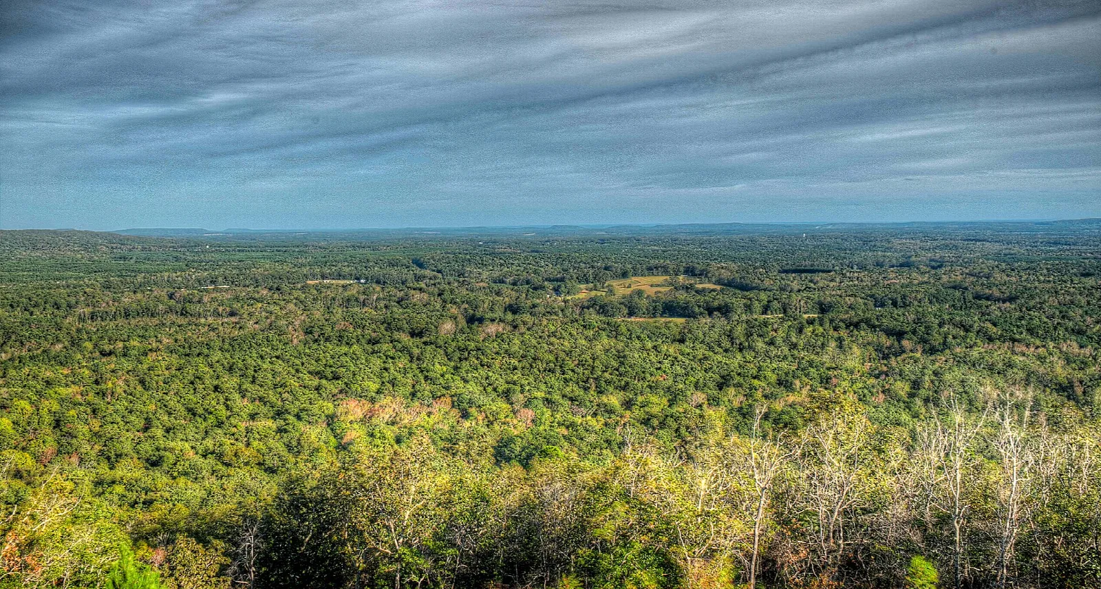 Wide forested ridgeline view from a rock overlook under a cloudy sky