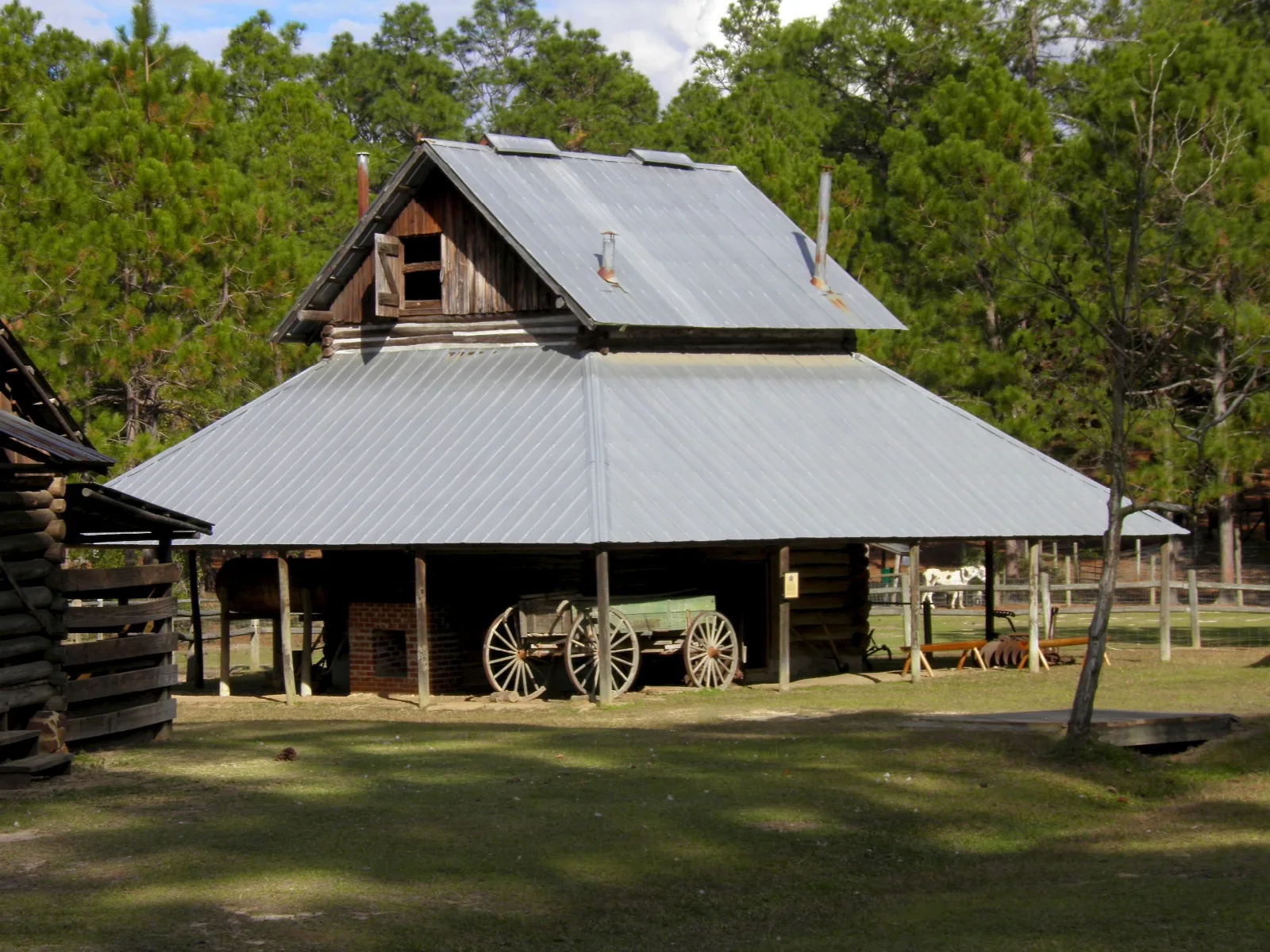 Wooden barn with a metal roof among pine trees