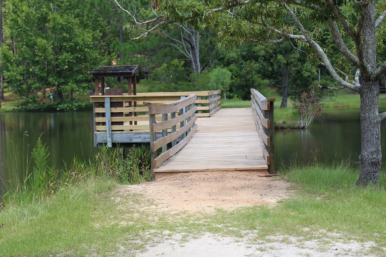 Wooden footbridge leading to a small covered platform beside a pond