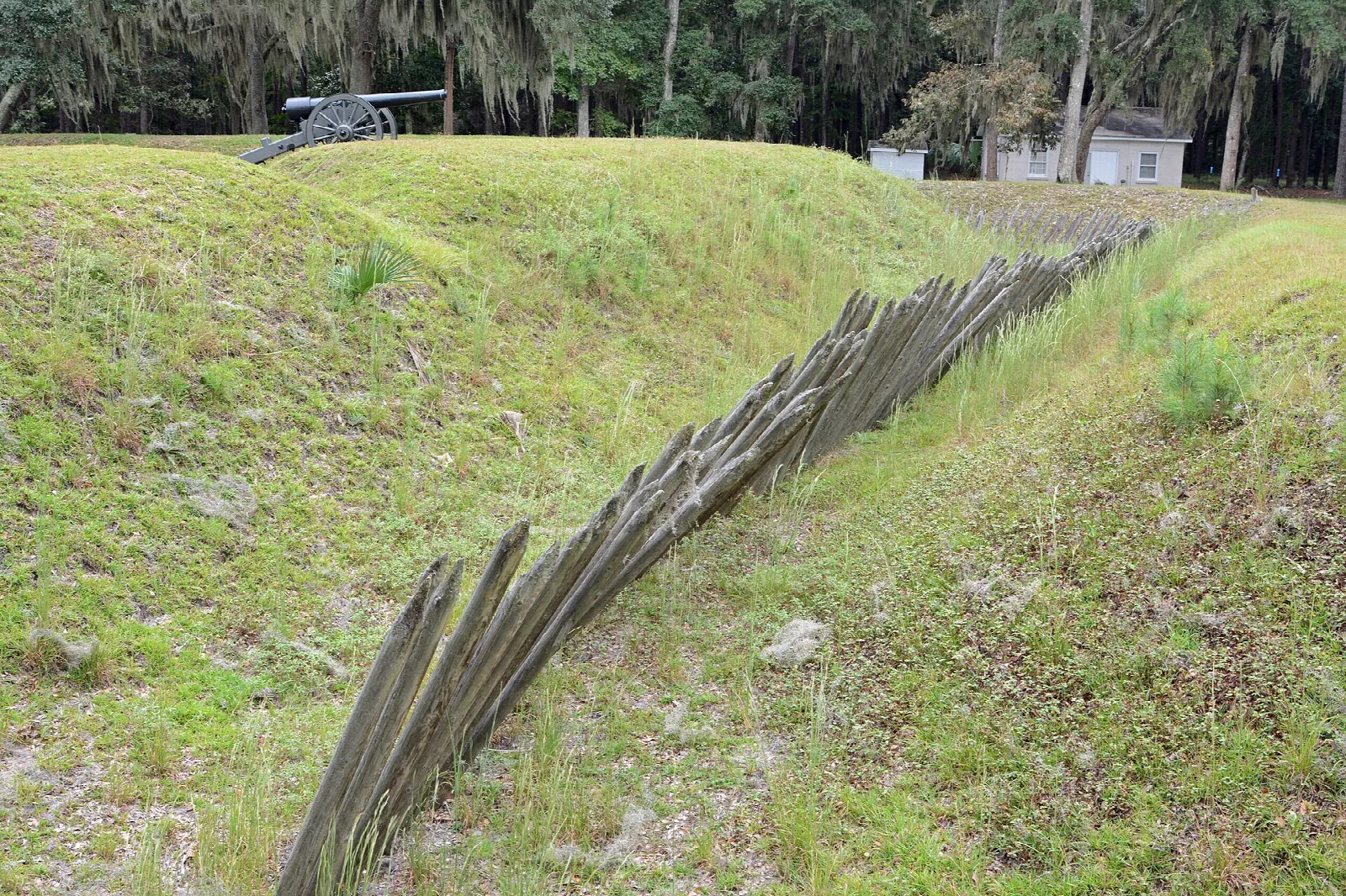 Grassy earthwork with a line of angled wooden stakes