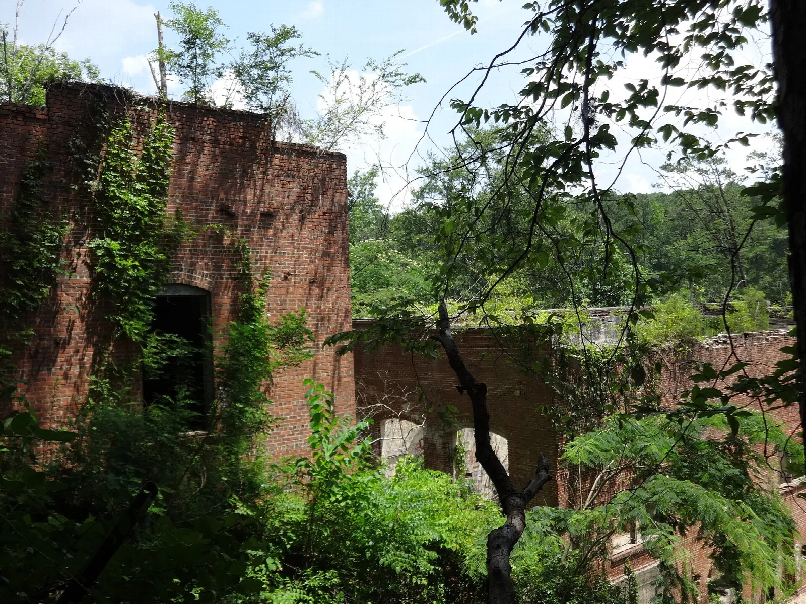 Ivy-covered brick powerhouse ruins among trees