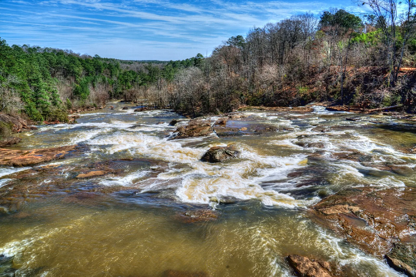 Water rushing over wide rocky shoals under a blue sky