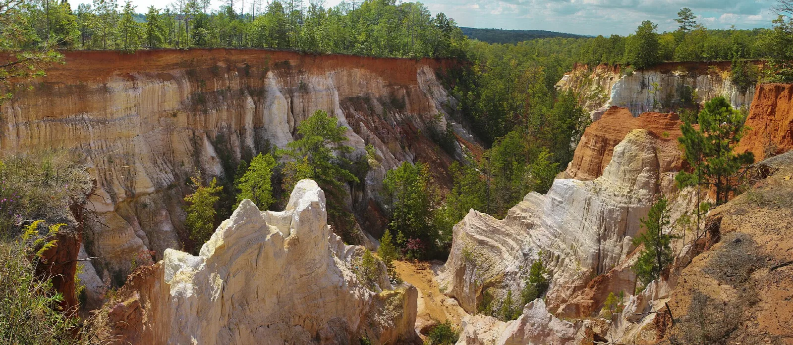 Wide view of eroded canyon walls in red and white