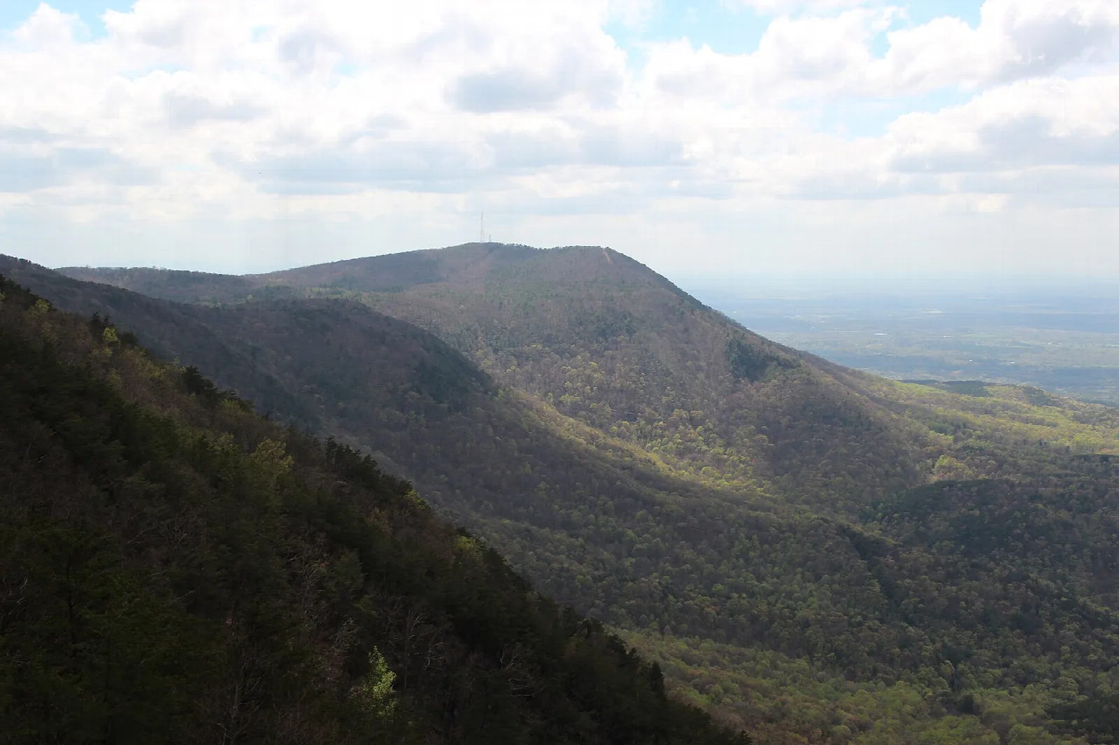 Forested mountain ridge above a hazy valley
