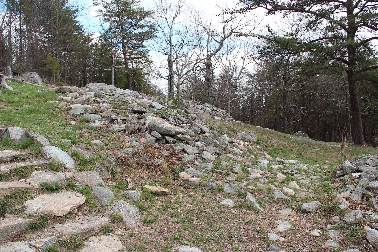 Stone wall ruins beside a trail in the woods
