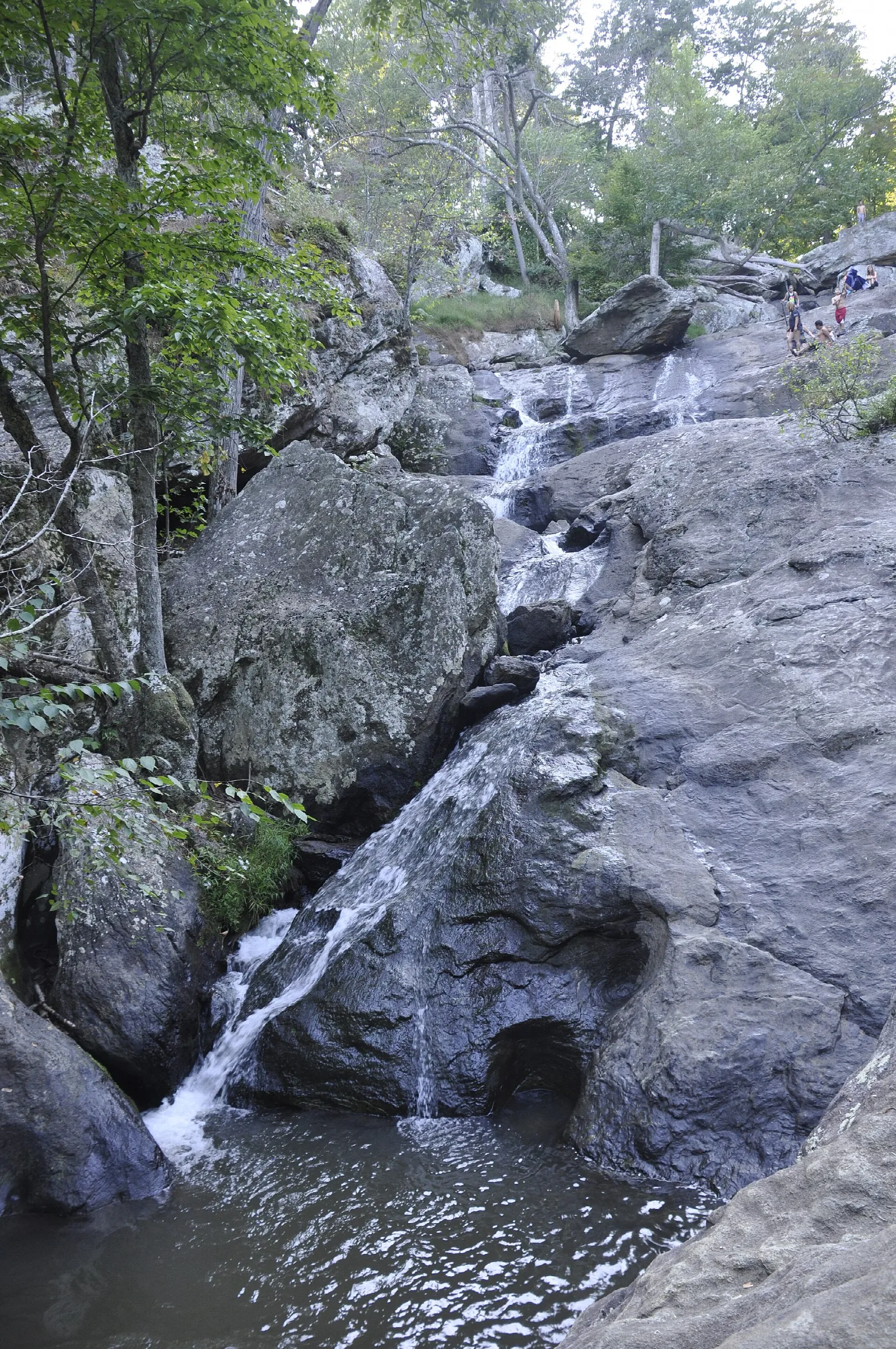 Narrow waterfall cascading over dark rock into a pool