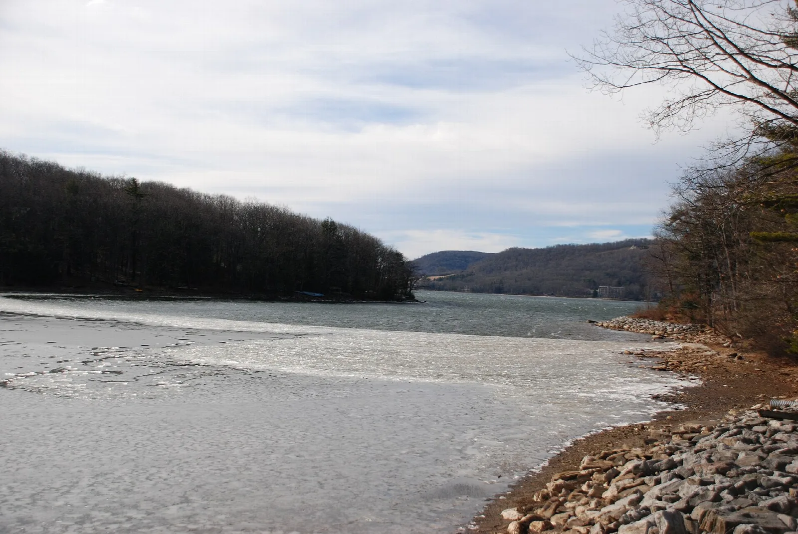 Wide lake view with forested hills on the far shore under a cloudy sky