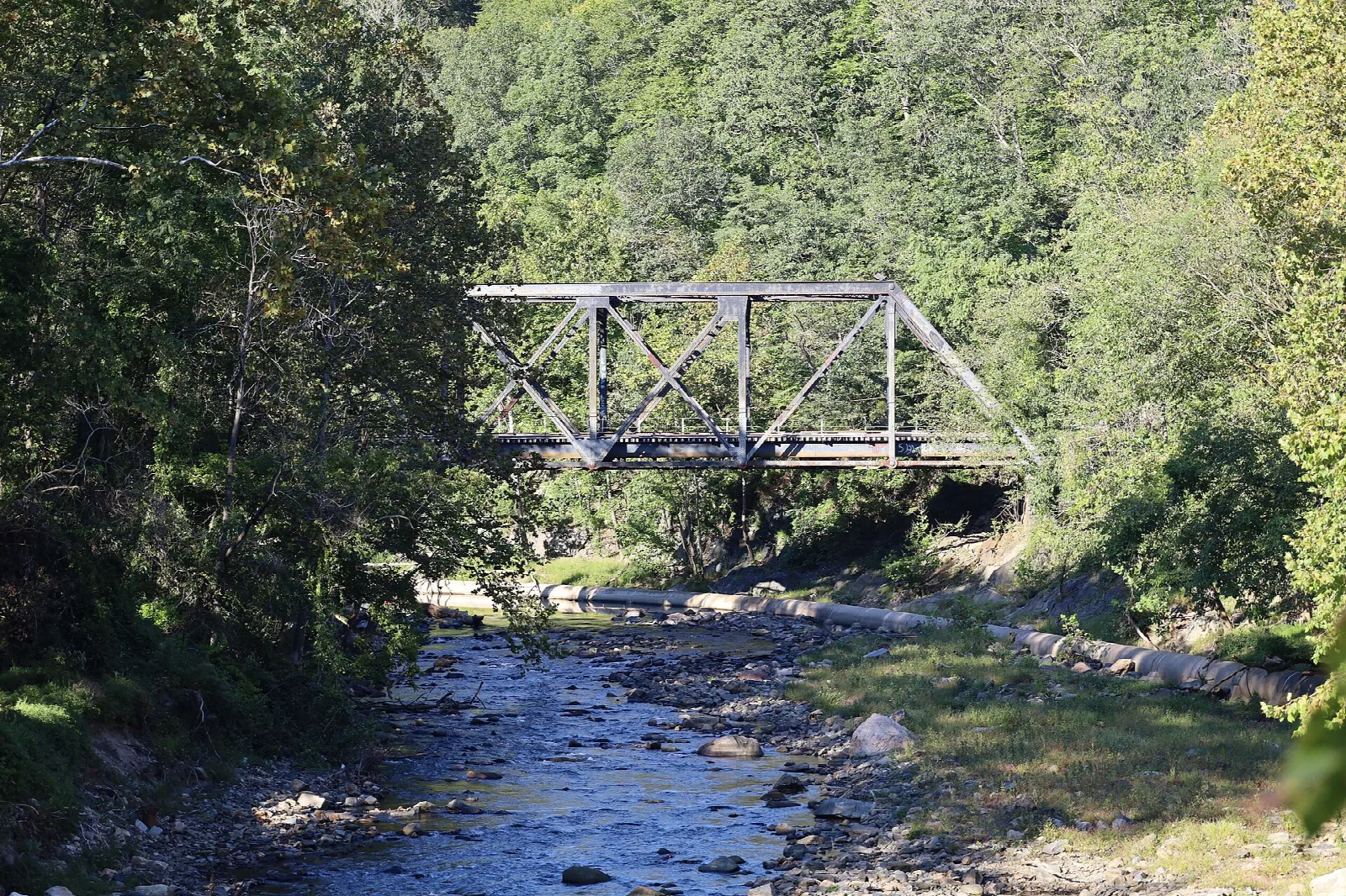 Steel truss rail bridge over a rocky stream in green woods