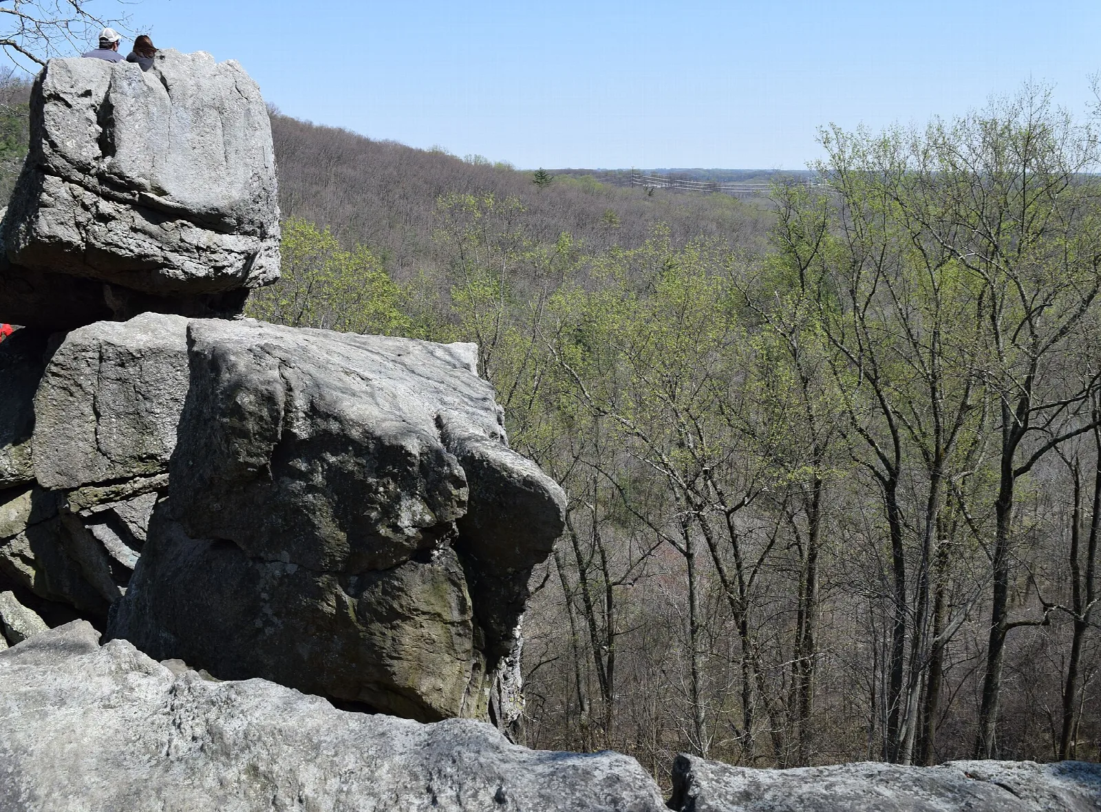 Stacked boulders at the edge of a wooded overlook above a leafless forest