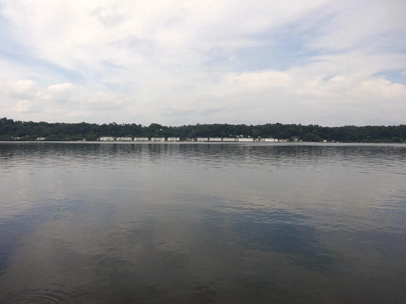 Wide calm river with a tree-lined far shore under cloudy sky