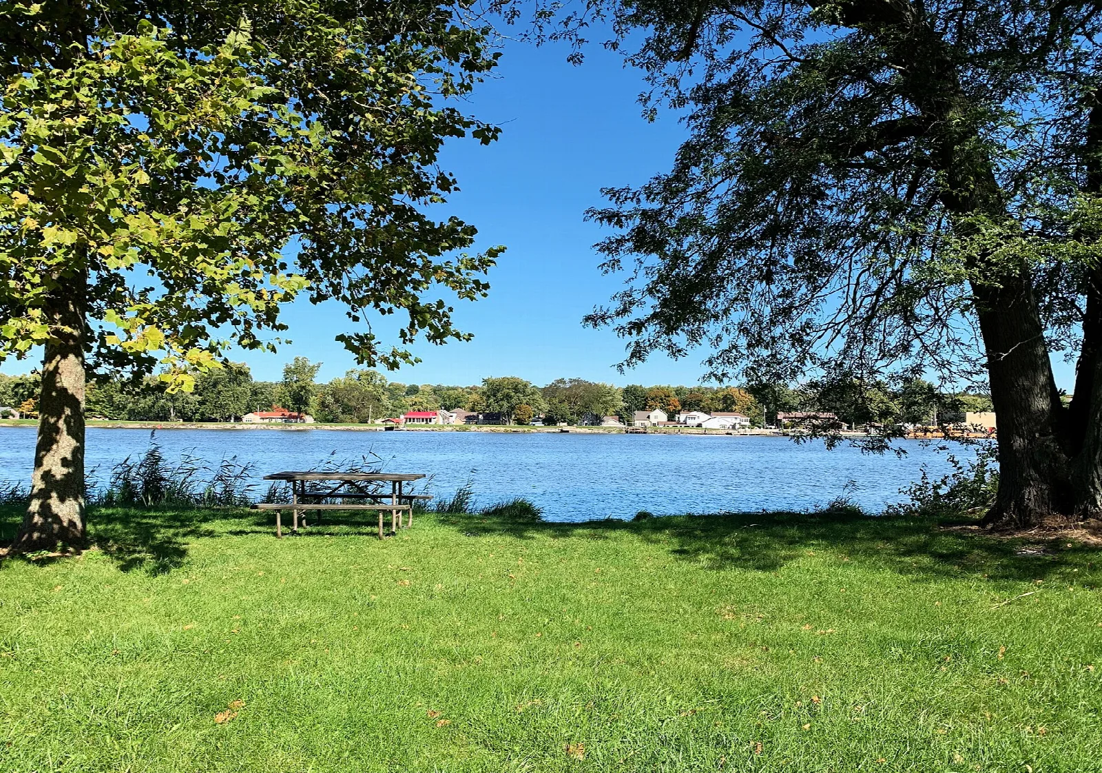 Picnic table on a grassy shore beside a blue lake, framed by trees