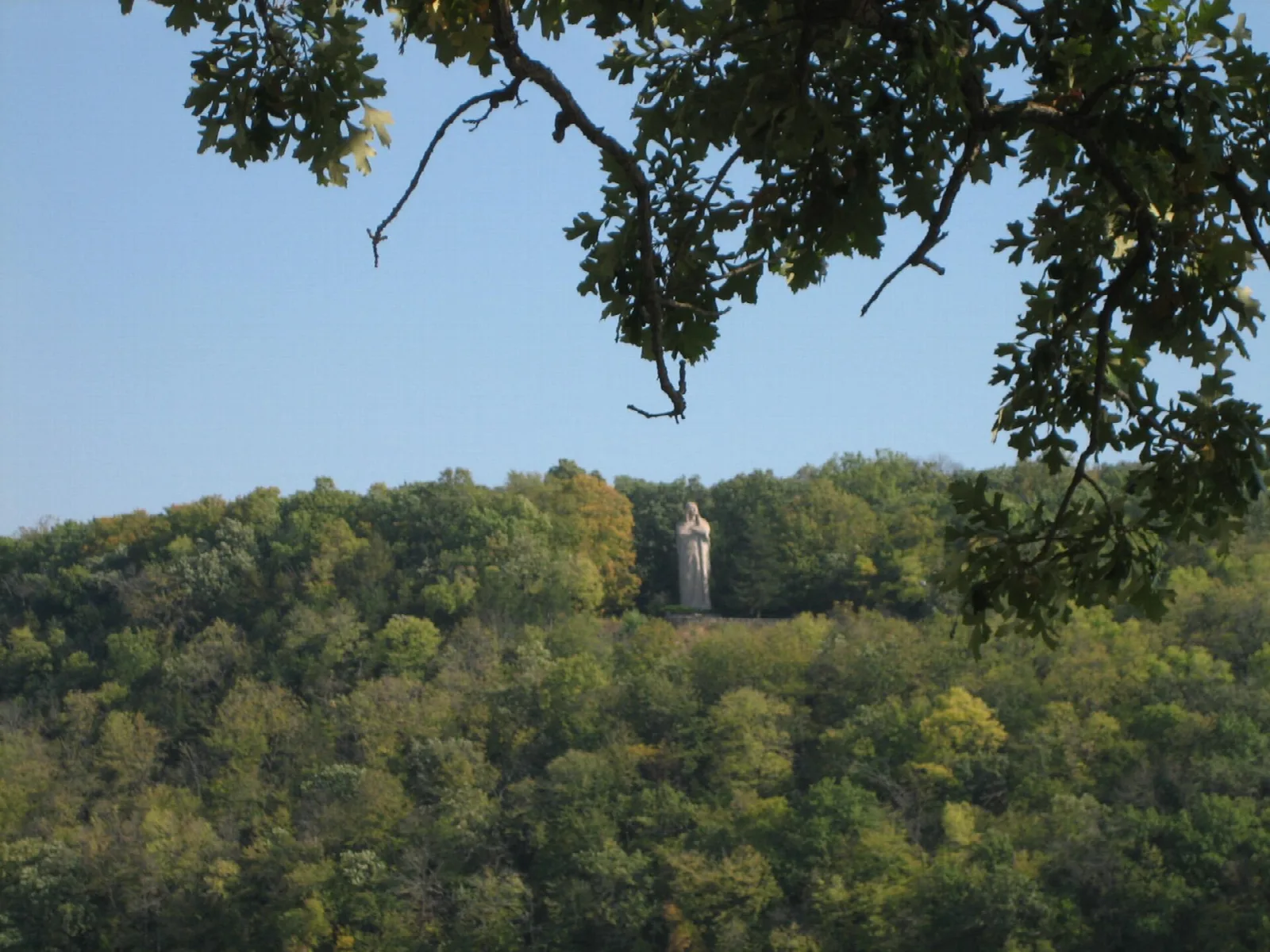 Wooded bluff with a tall statue visible among the trees