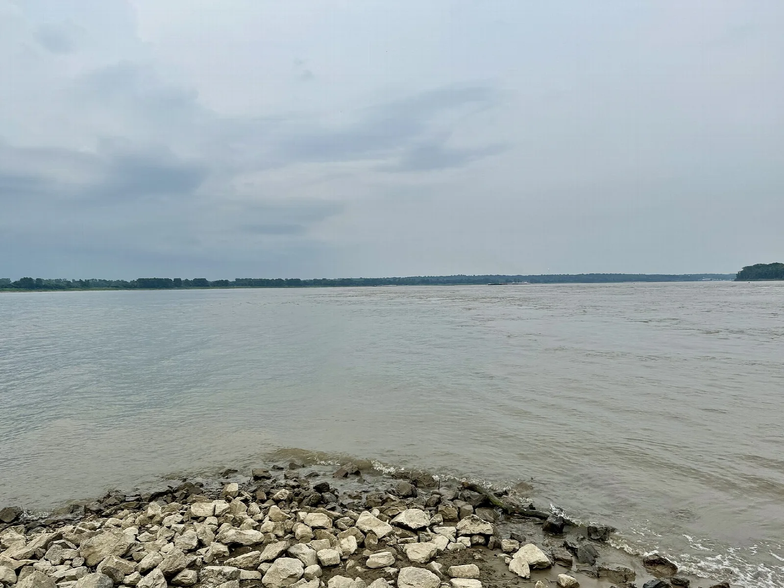Wide muddy river meeting a rocky shore under a cloudy sky