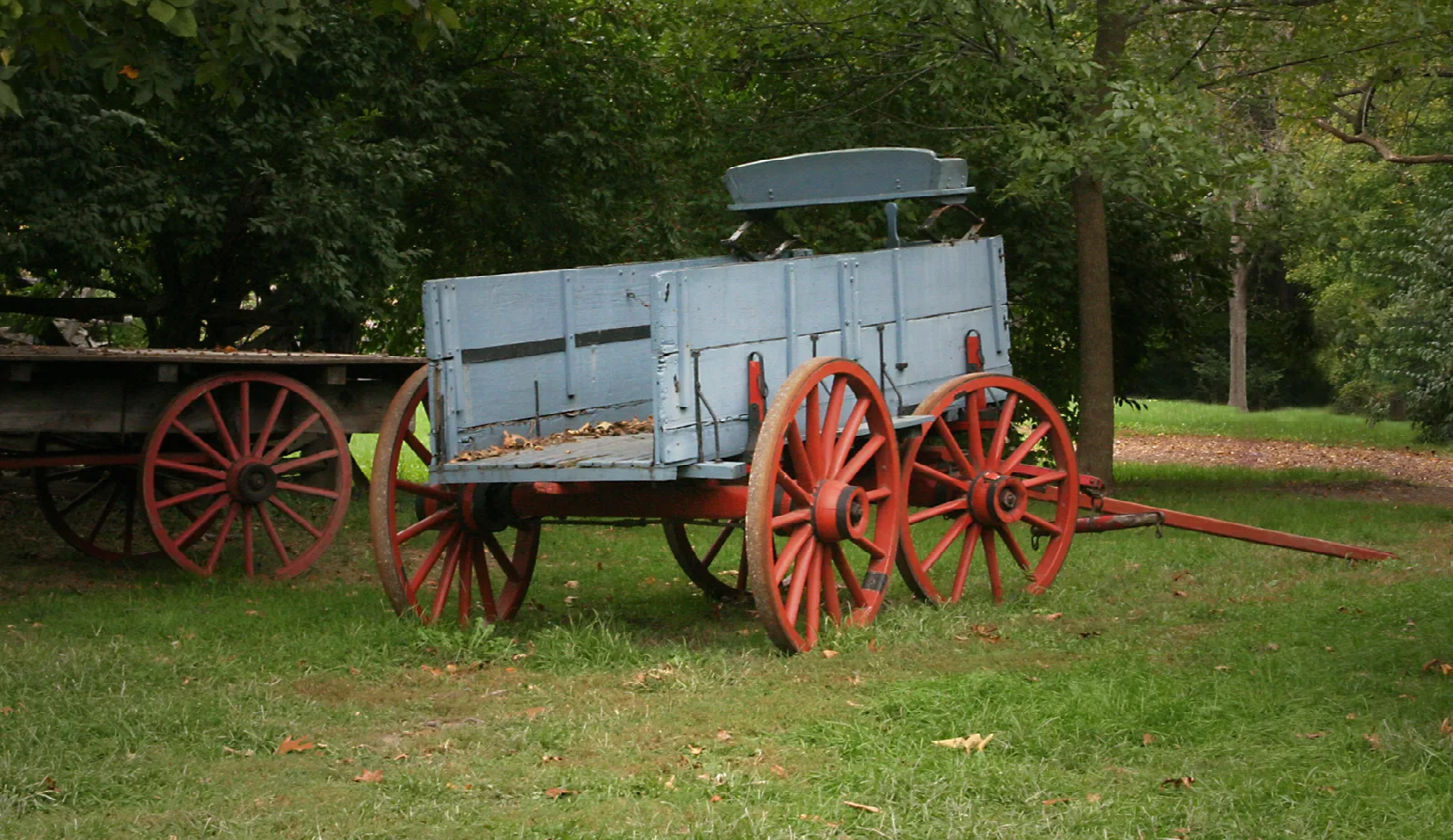Old blue wagon with red wheels parked on grass under trees