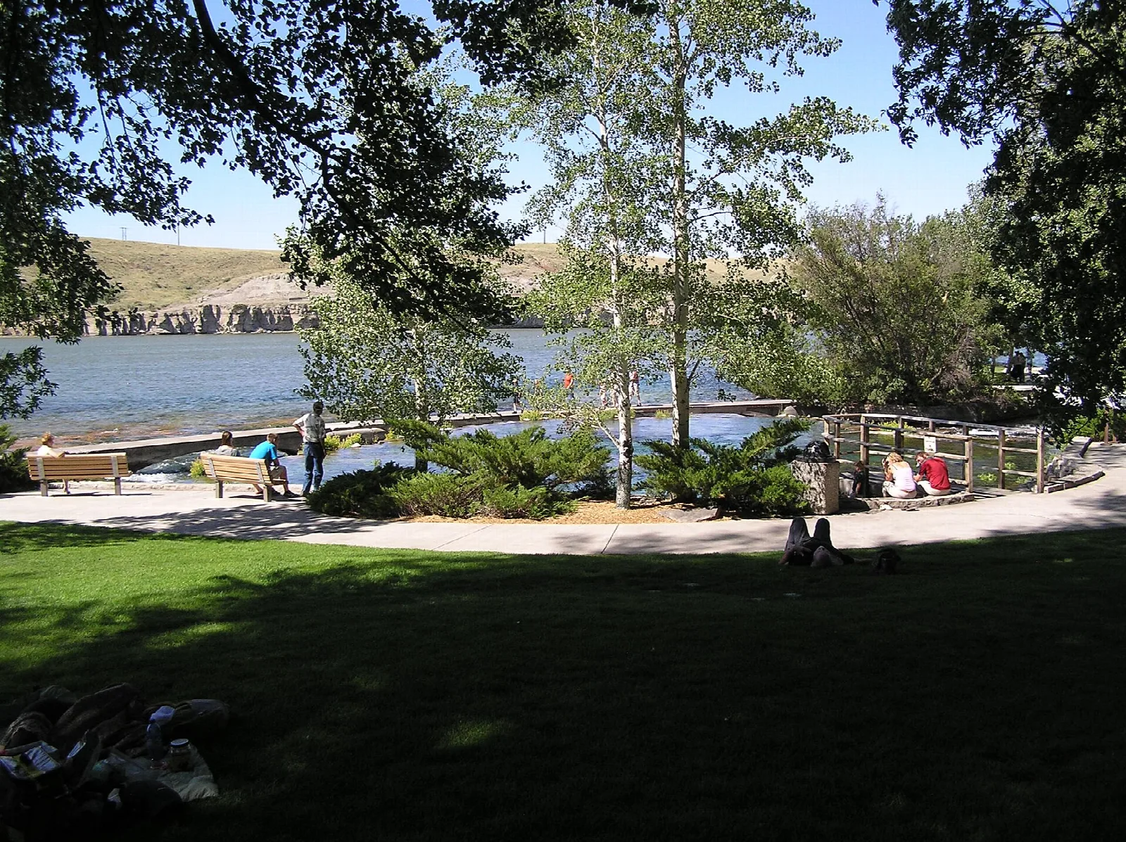 Green lawn with benches under trees and the river beyond