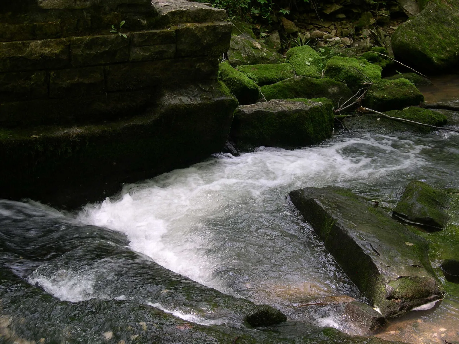 Water rushing over layered rock ledges covered in moss