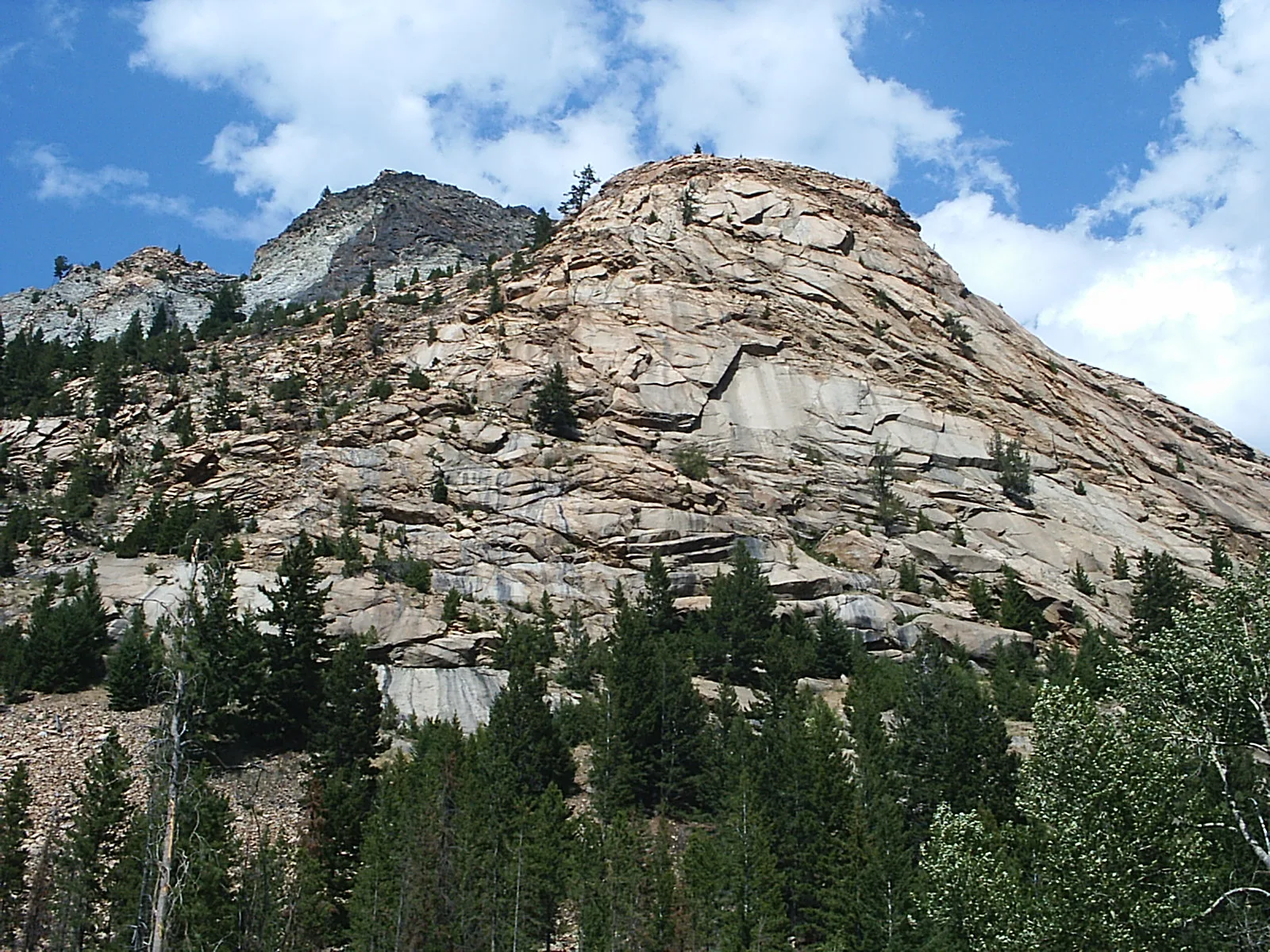 Rounded granite hill with scattered pines below and blue sky above