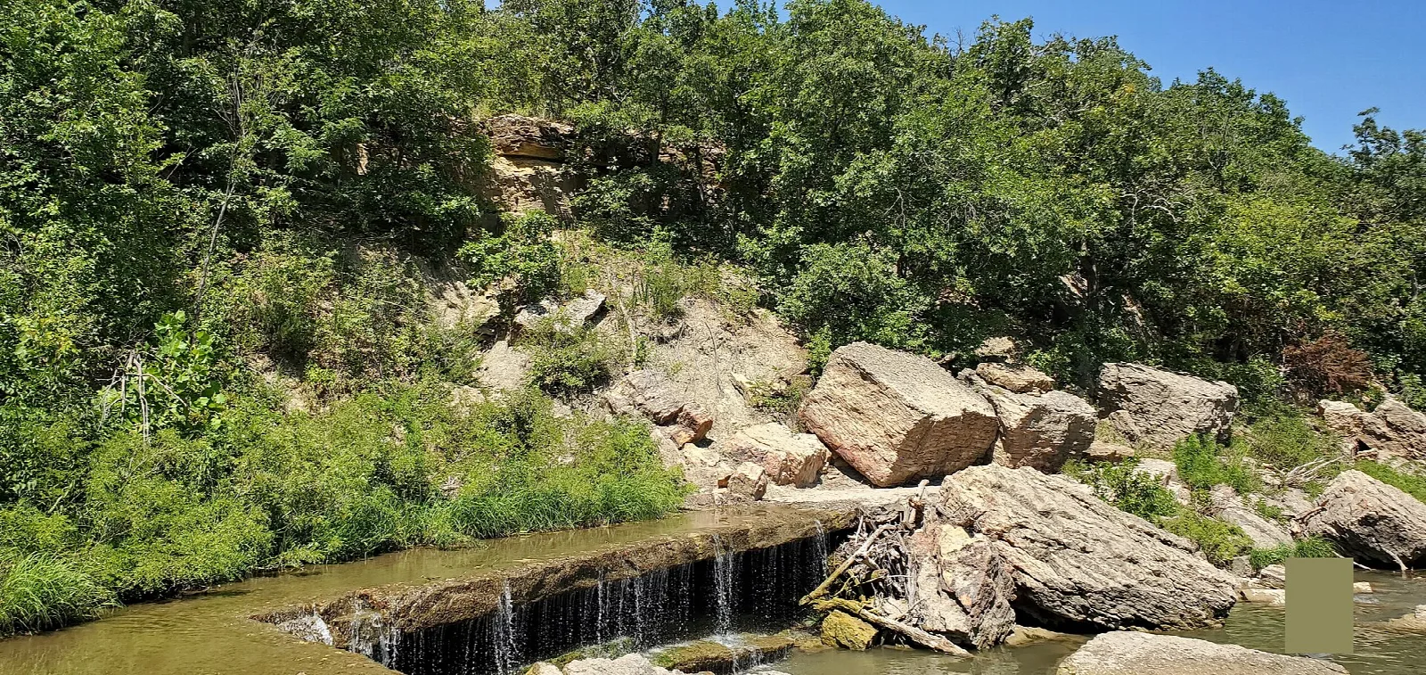 A small waterfall dropping over a limestone ledge into a creek, with trees above