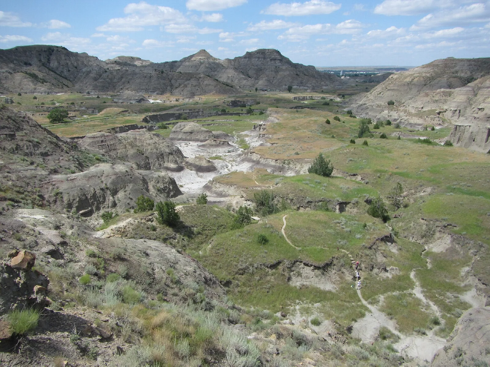Green valley with winding paths between gray badland ridges under a partly cloudy sky