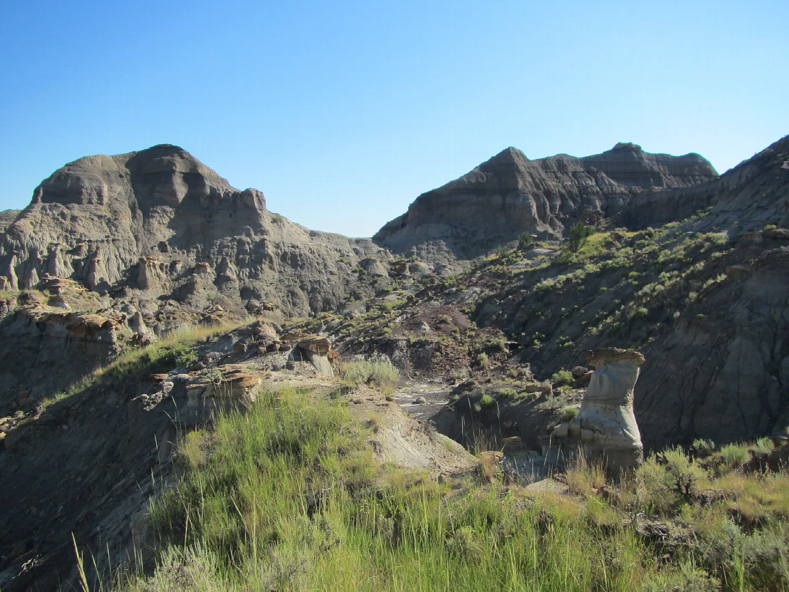 Eroded gray badland ridges and a white rock spire above grassy slopes